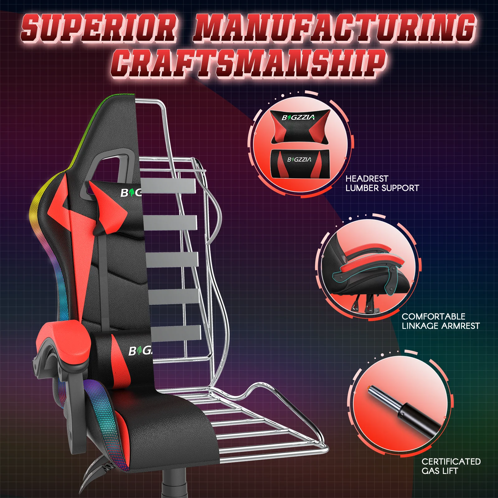 Bigzzia Gaming Chair with LED Lights Ergonomic Office Chair for Adults and Kids - Adjustable Height, 360�� Swivel, Headrest Support, Mesh PU Leather, Black & Green