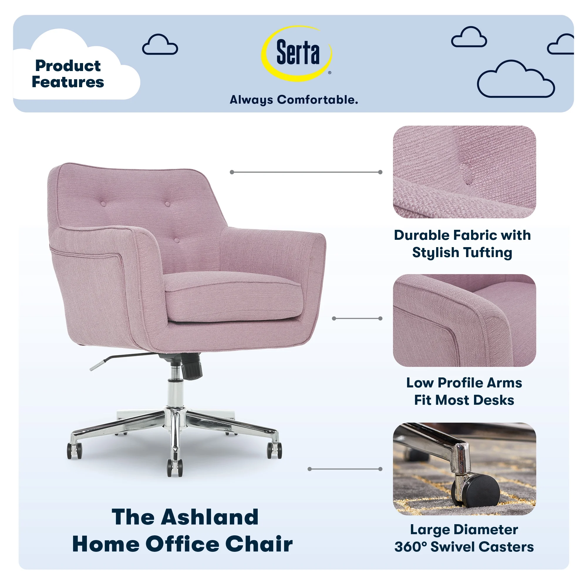 Serta Ashland Office Desk Chair, Button Tufted Mid-Back, Memory Foam Cushion, Chrome Swivel Base, Lilac Twill Fabric