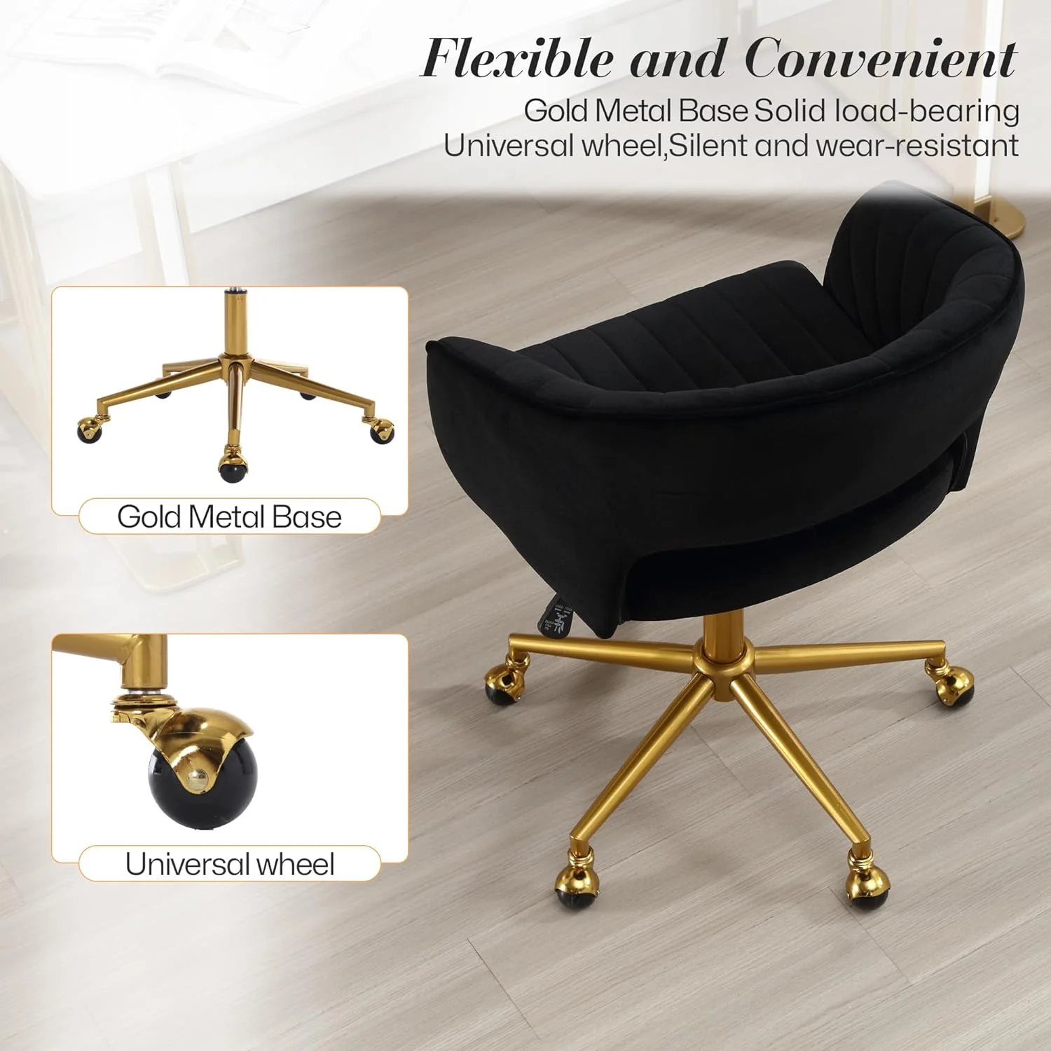 Home Office Swivel Desk Chair, Modern Velvet Vanity Chair, Height Adjustable Armchair with Gold Base, Ergonomic Office Chair for Task Study Computer Room, Beige