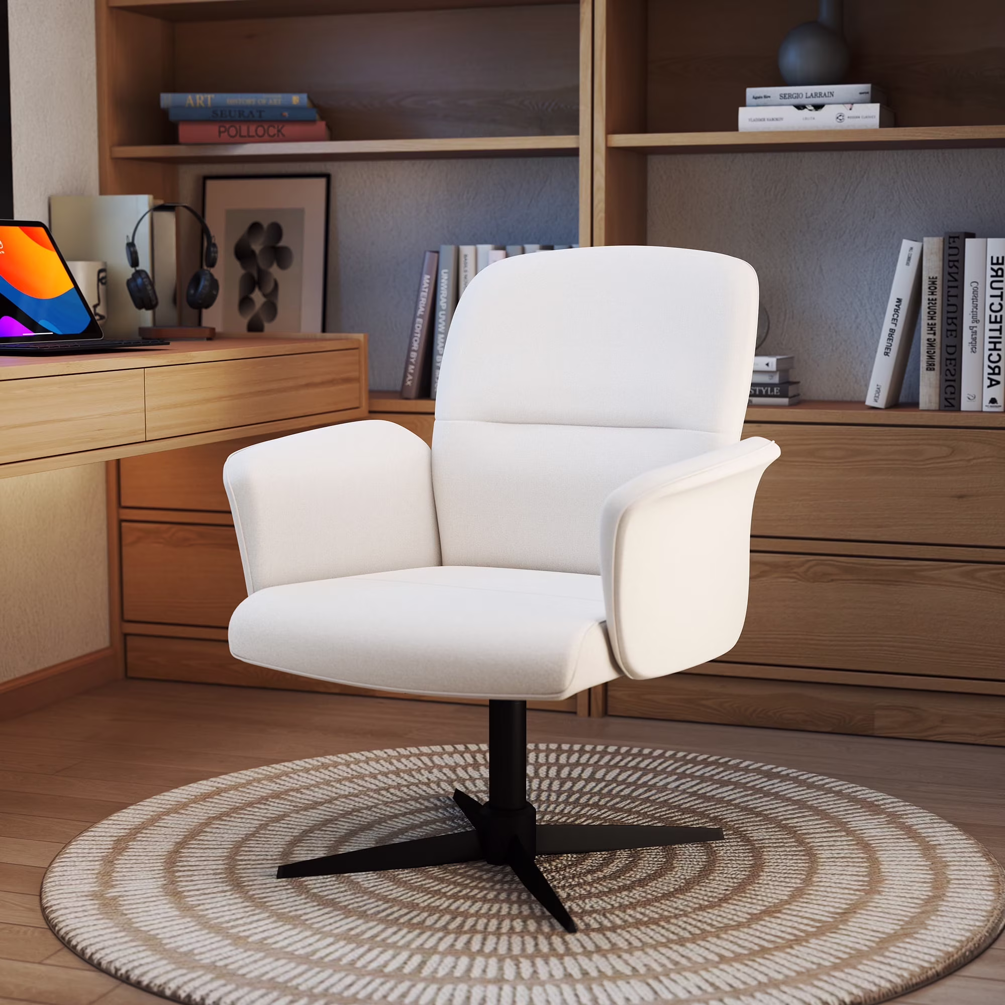 Homy Casa Ergonomic Criss Cross Leg Fabric Office Chair, Height Adjustable Wide Seat, Beige