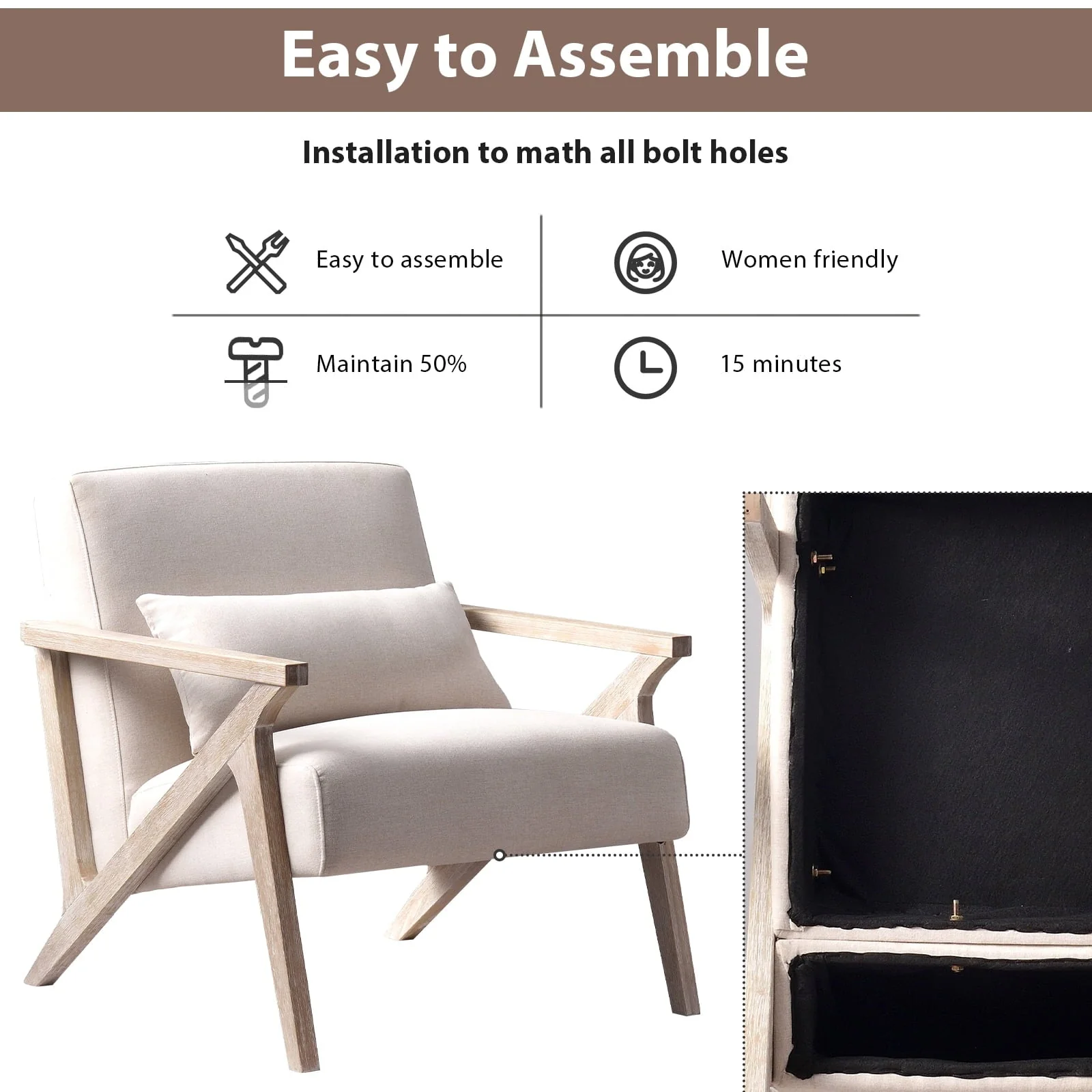 Bonzy Home Mid Century Accent Chair, Single Sofa Armchair for Living Room, Bedroom, Balcont,Beige