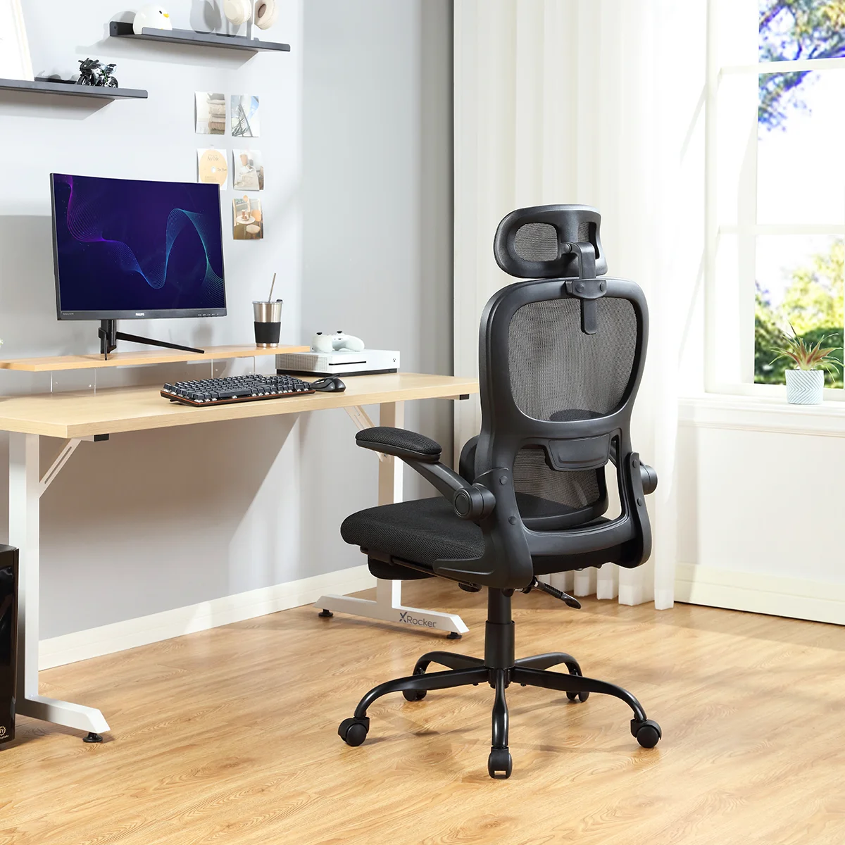 Mainstays Ergonomic Height Adjustable Mesh Office Chair for Teens and Adults with Lumbar Support and Tilt Function, with Leg Rest, Black