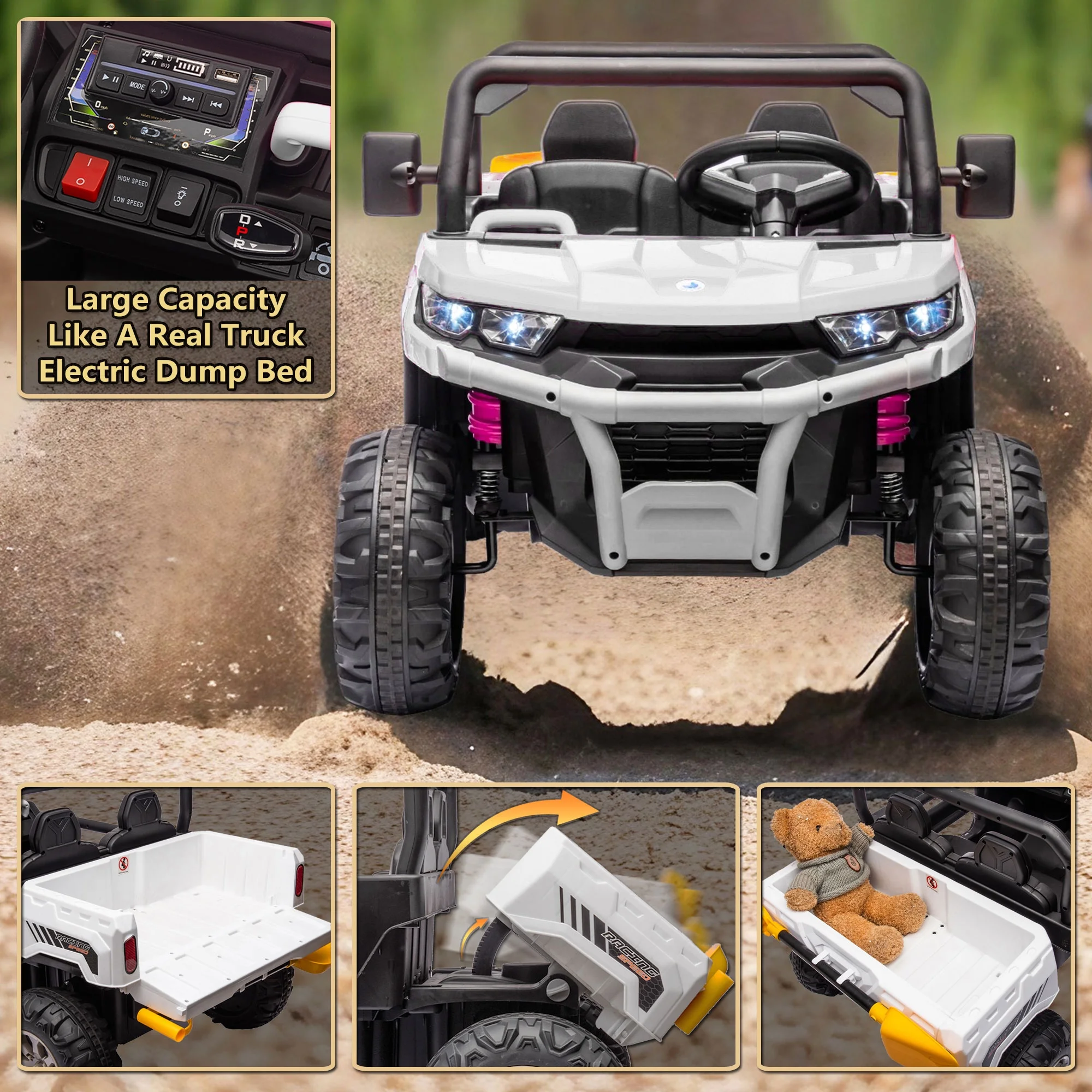 Xuanlur 24V 2 Seater Kids Ride on Car Truck, Ride on UTV W/ 2x200W Motor, 24 Volt Ride on Toys W/ Dump Bed/Shovel, Electric Car for Kids W/ Durable Tires, LED Light, Music, Remote Control, Black