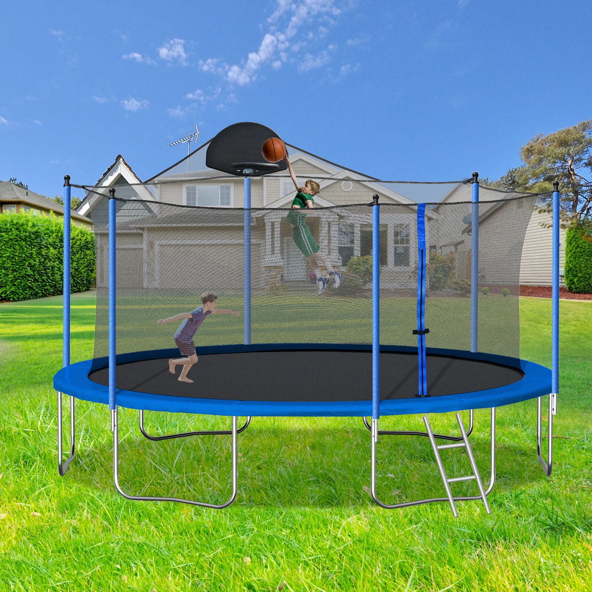 Highsound 14FT Trampoline for Kids with Basketball Hoop, Sports Fitness Trampolines with Safety Enclosure Net & Ladder, Recreational Bounce Trampolines for Outdoor Indoor, Blue