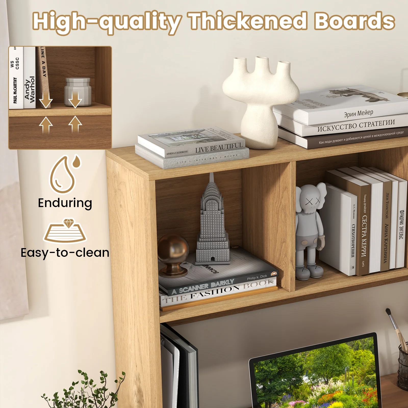 Giantex Desk Hutch, 2-Tier Desktop Organizer Shelf for Computer Desk, Wide Wooden Table Top Bookshelf, Countertop Storage Rack, White