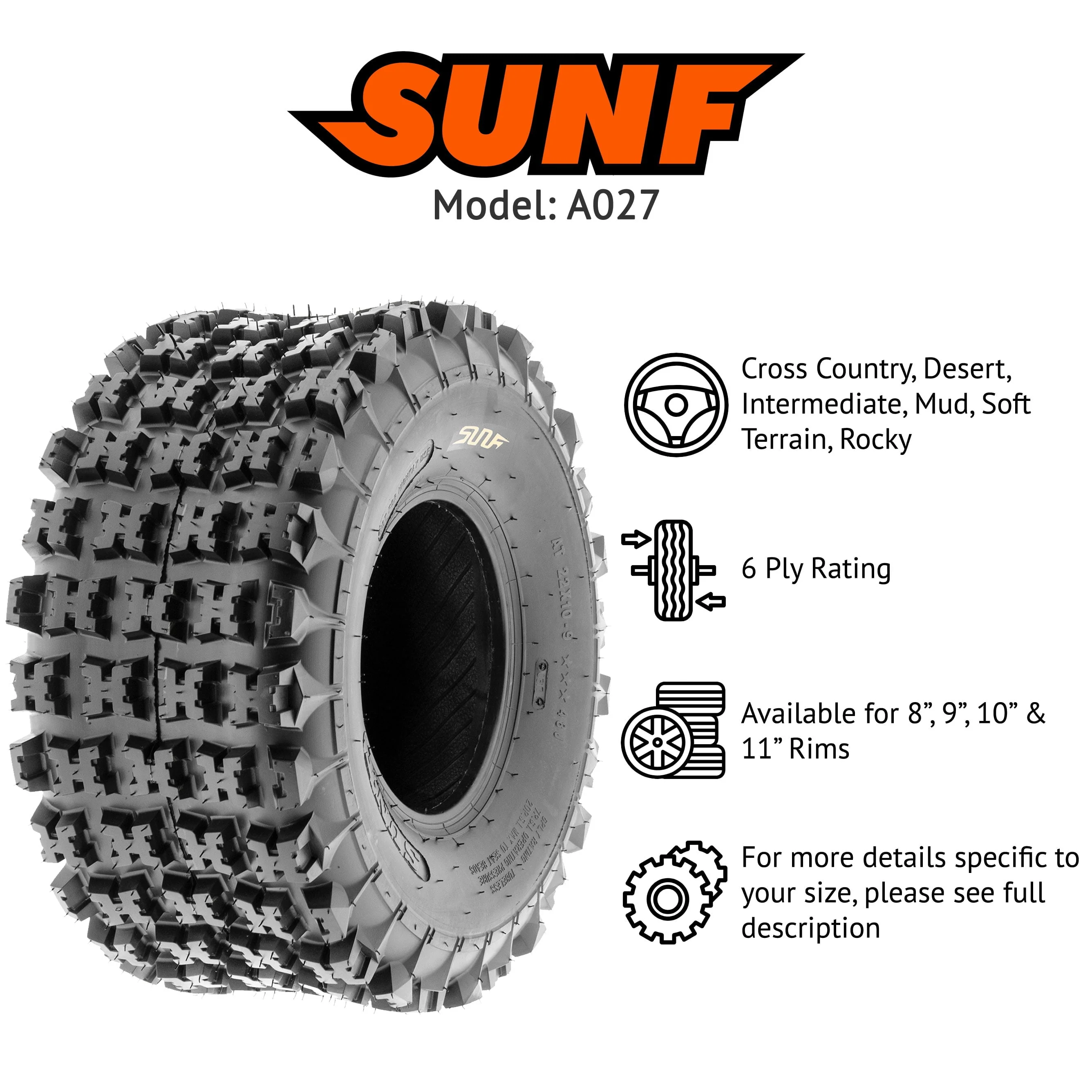 SunF All Terrain ATV UTV Tires 22x10-9 6 PR A027 (Pair of 2)