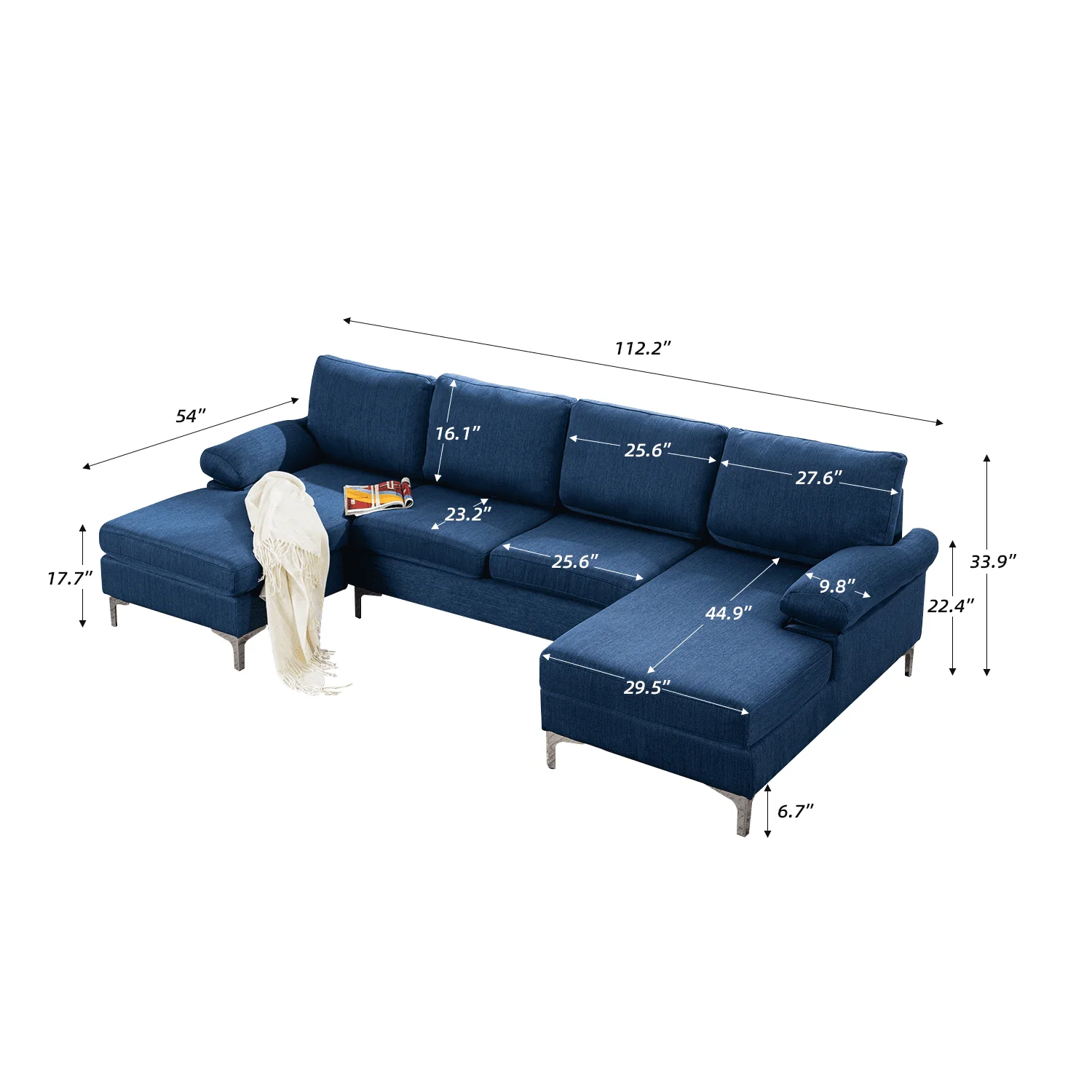 Hommow Linen U-Shape Sectional Sofa, Fabric Couch for Living Room Apartment, Blue