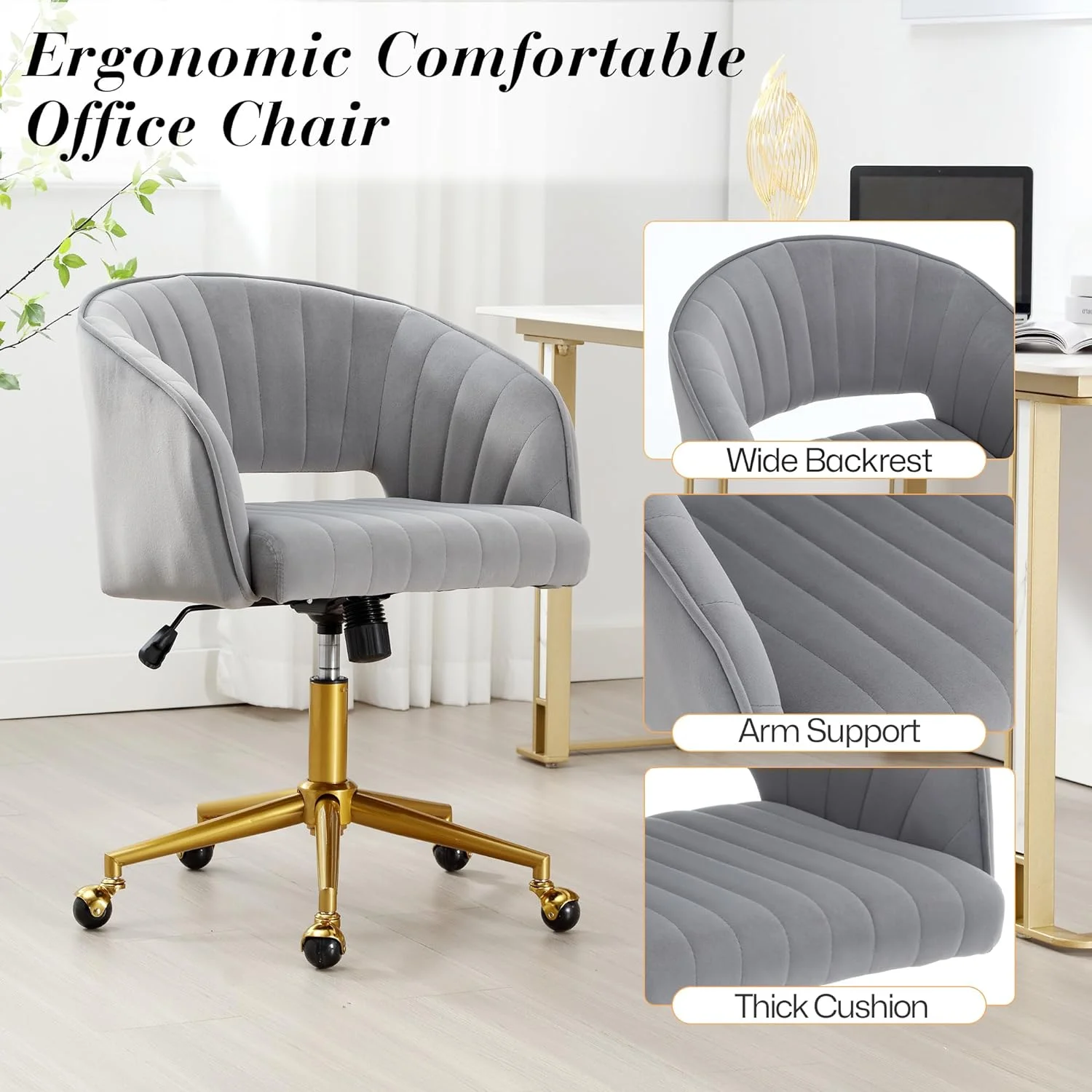 Home Office Swivel Desk Chair, Modern Velvet Vanity Chair, Height Adjustable Armchair with Gold Base, Ergonomic Office Chair for Task Study Computer Room, Beige