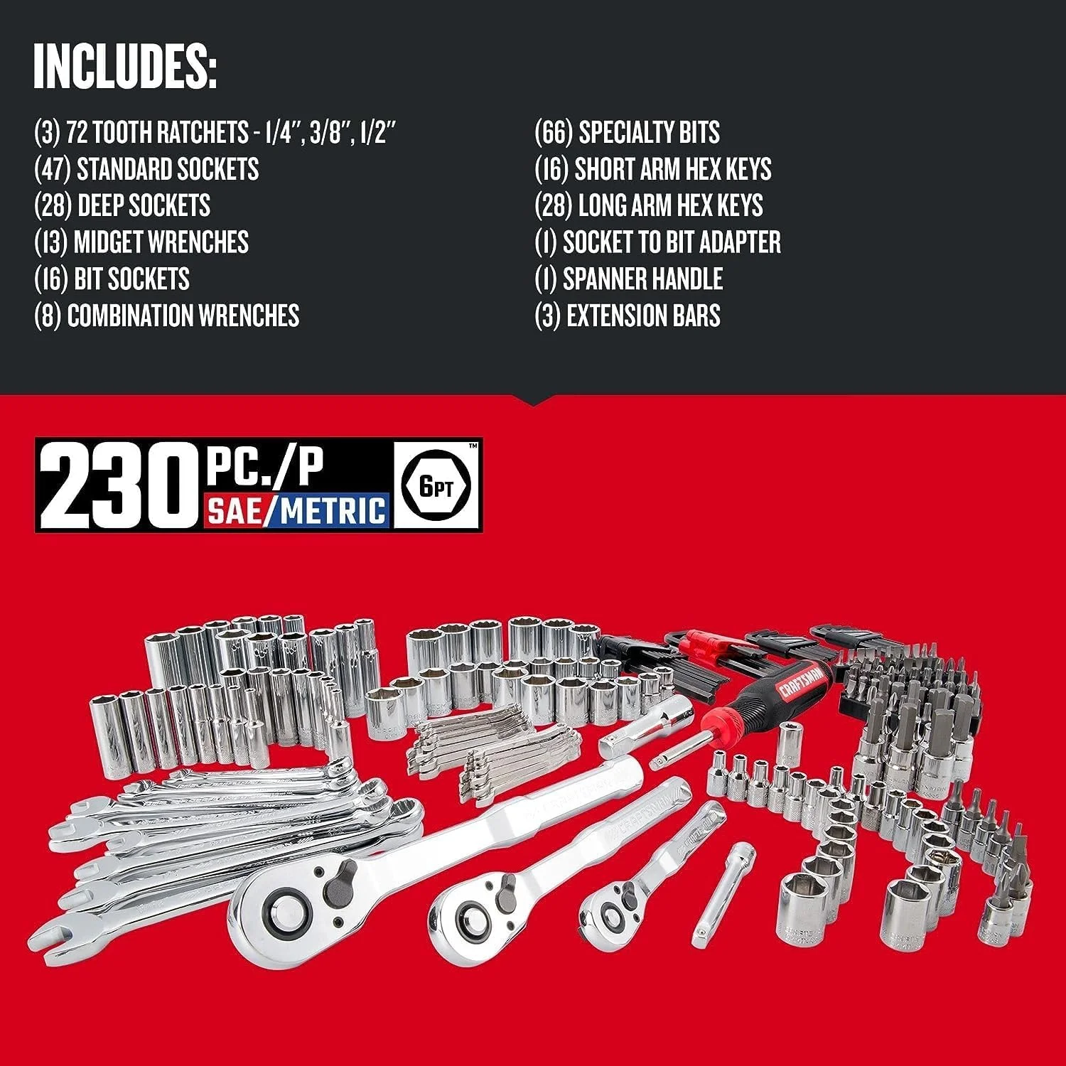 Craftsman VERSASTACK Mechanics Tool Set, 1/4 in, 3/8 in, and 1/2 in Drive, 230 Piece (CMMT45306)