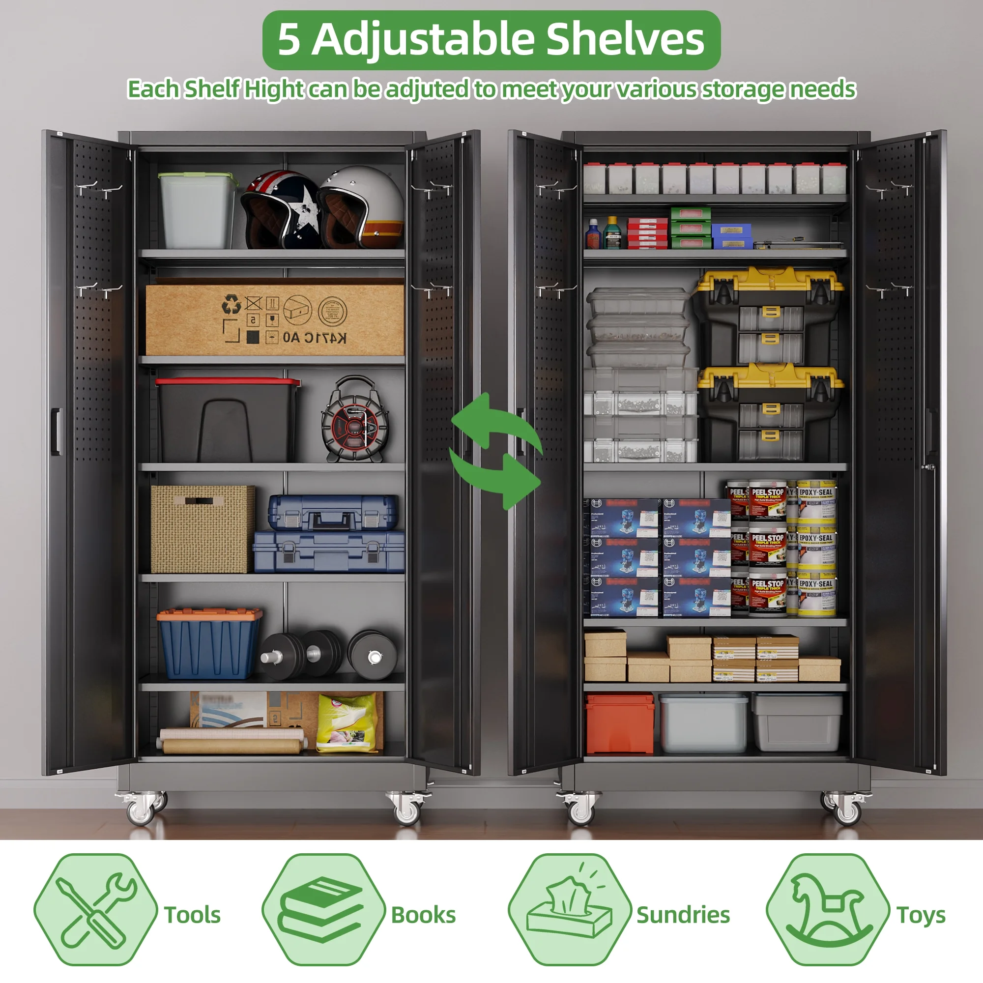 SUPEER Metal Rolling Storage Cabinets with Locking Doors and 5 Adjustable Shelves, Steel Garage Storage Cabinet for Garage, Office, Classroom, Assemble Required(Black)