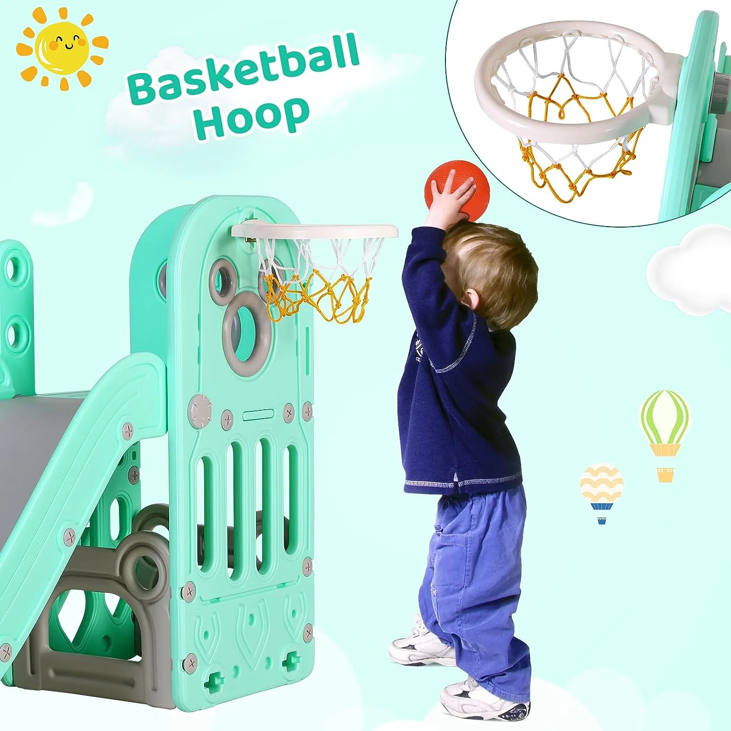 Arlopu Sturdy Toddler Slide with Basketball Hoop Plastic Kids Slide Climber with Anti-Slip Steps Indoor Outdoor Children Toy Playground