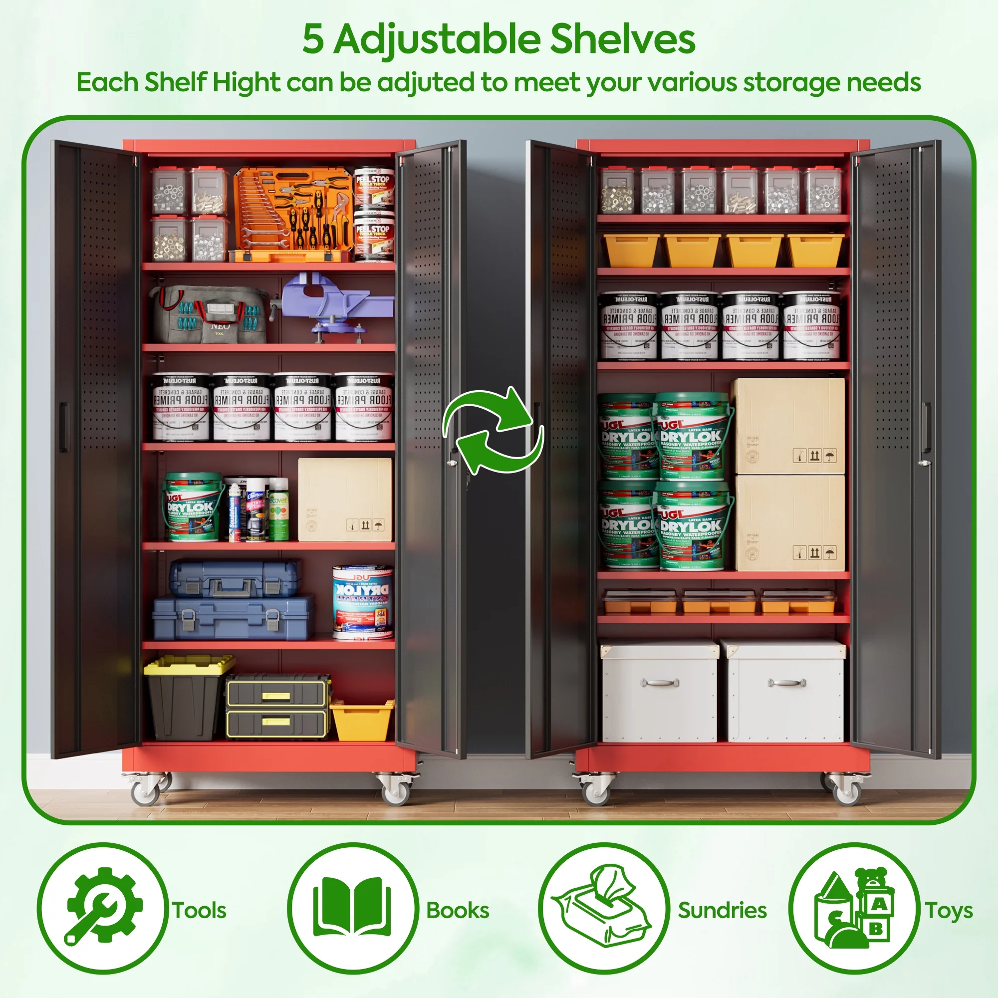 SUPEER Metal Rolling Storage Cabinets with Locking Doors and 5 Adjustable Shelves, Steel Garage Storage Cabinet for Garage, Office, Classroom, Assemble Required(Black)