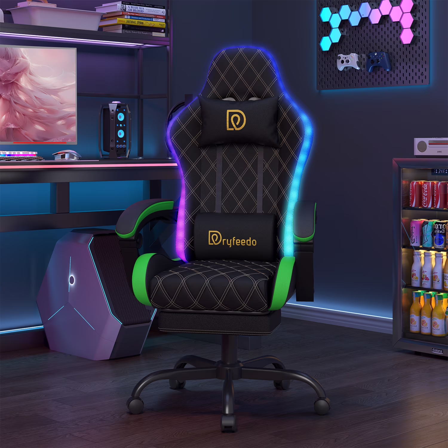 Dryfeedo Gaming Chair with LED Lights, Ergonomic Computer Chair with Lumbar Support, Adjustable Headrest & Footrest, Green