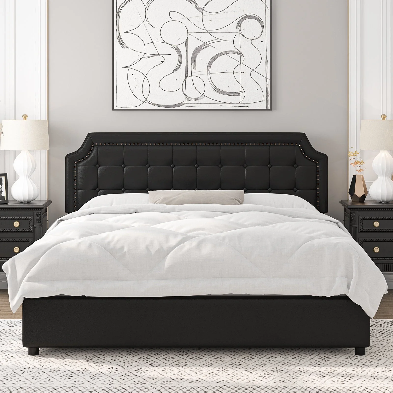 Homfa Queen Size Storage Bed, 4 Drawers PU Leather Platform Bed Frame with Adjustable Upholstered Headboard, Black