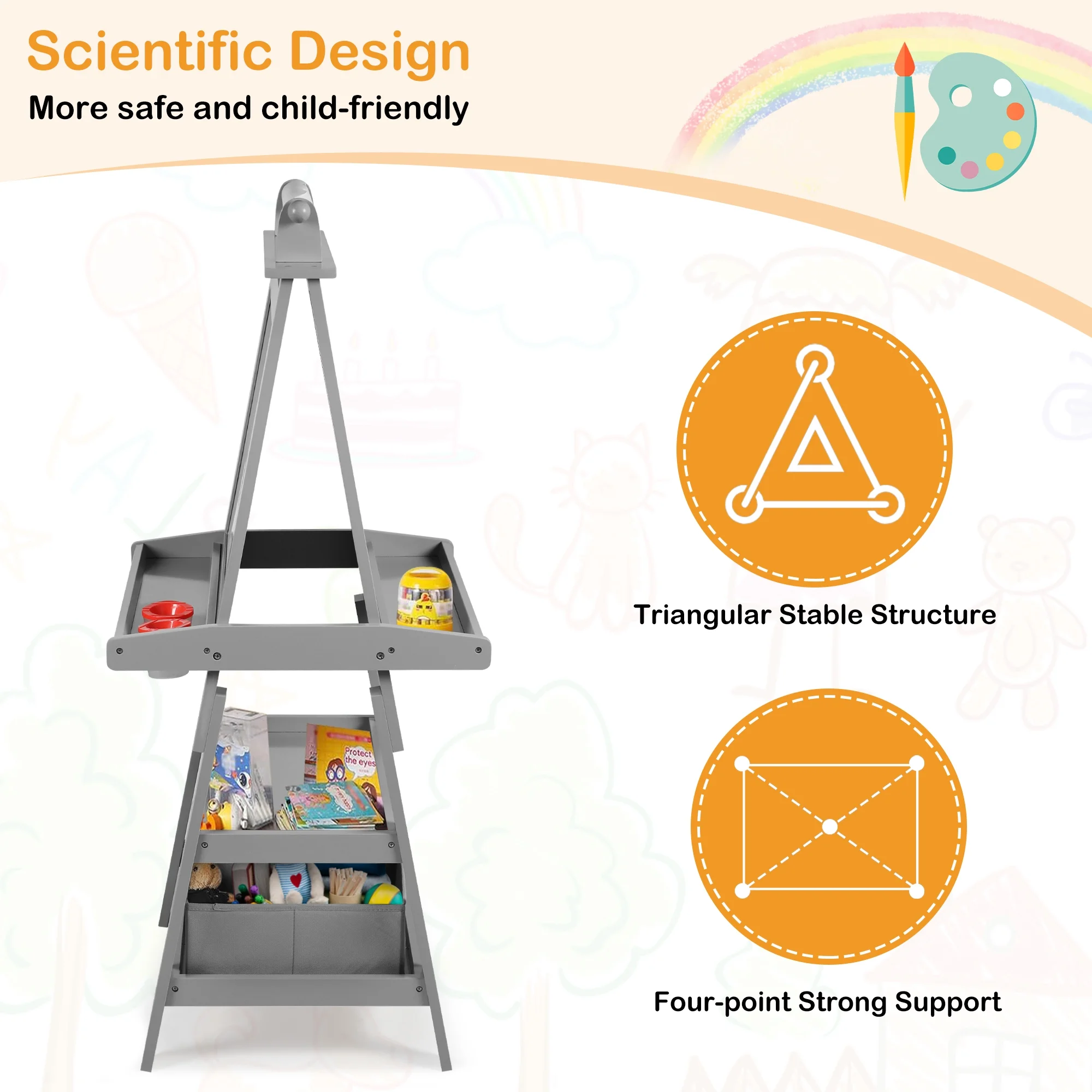 LINLUX 3 in 1 Art Easel for Kid, Whiteboard for Kid with Stand, Magnetic Chalkboard Pizarra, Grey