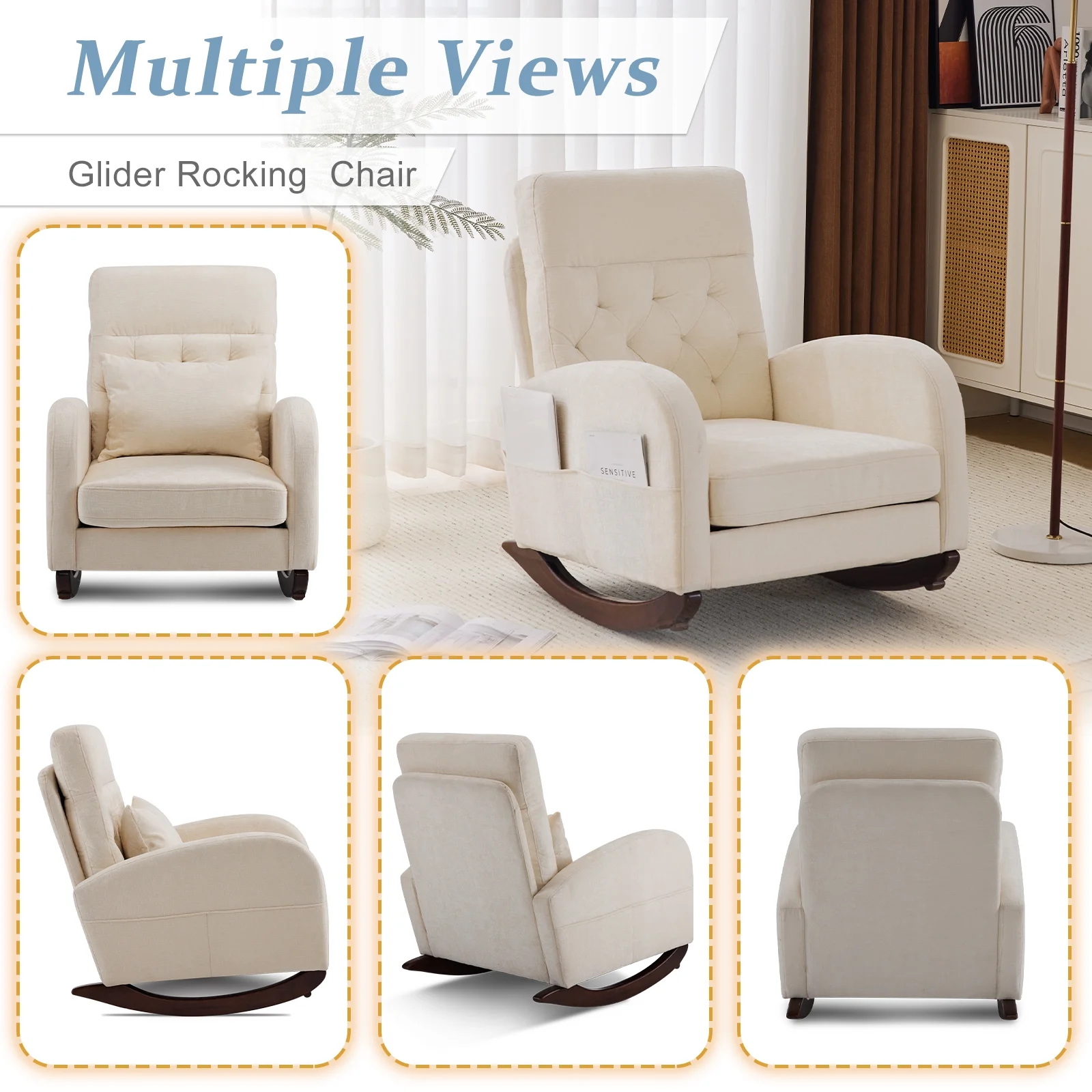 Ktaxon Rocking Accent Chair Glider Reading Chair Comfy Teddy Velvet Upholstered Single Sofa Rocker for Living Room, Nursery, Bedroom Beige