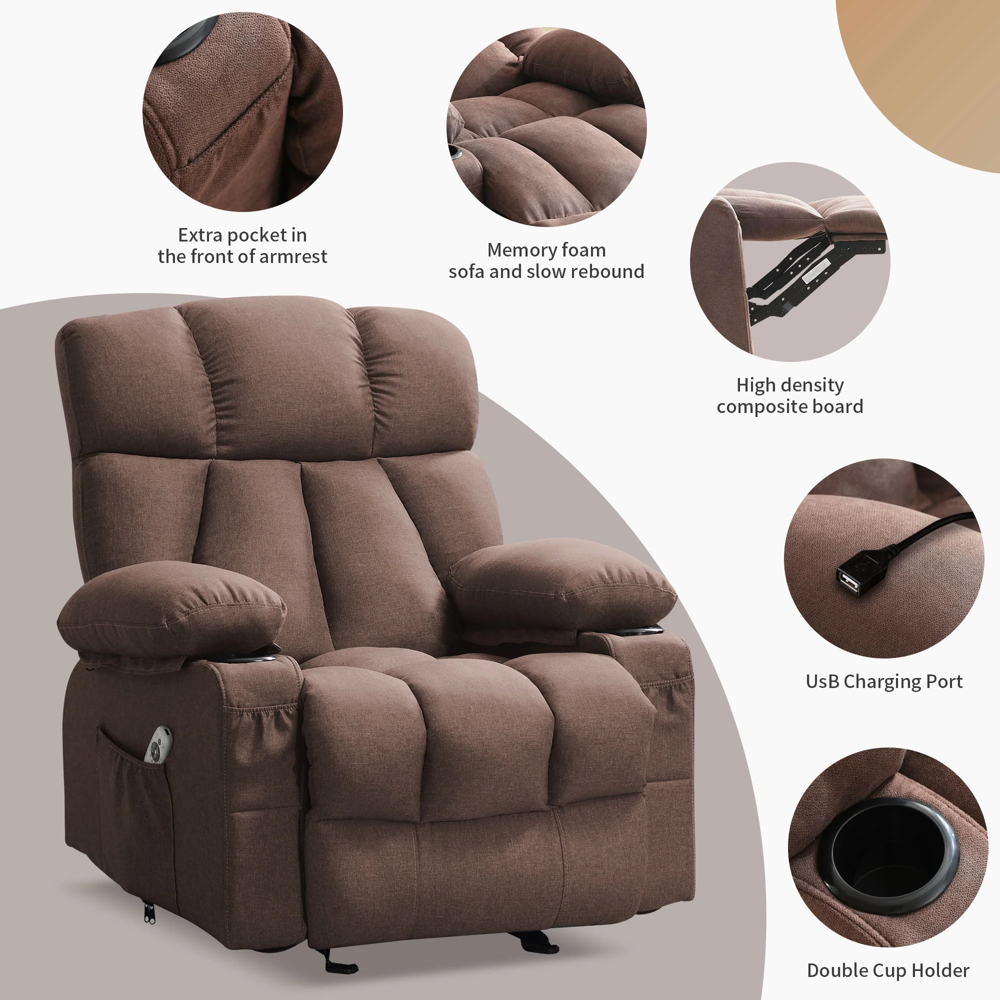 JONPONY Manual Recliner Chair with Heat Therapy and Massage Function, Heavy Duty Reclining Mechanism Massage Chair, Elderly Single Rocker Sofa with Cup Holders for Bedroom Home Theater,Grey