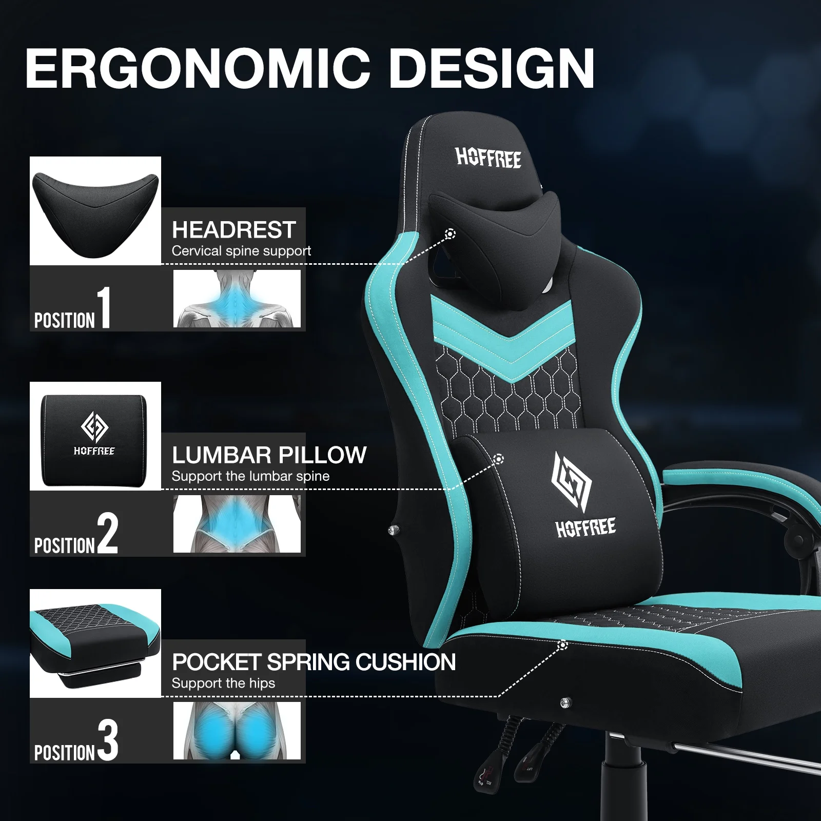 Hoffree Gaming Chair with Speakers Fabric Gamer Chair with footrest and massage Big and Tall Video Game Chair with Headrest and Lumbar Support for Adults