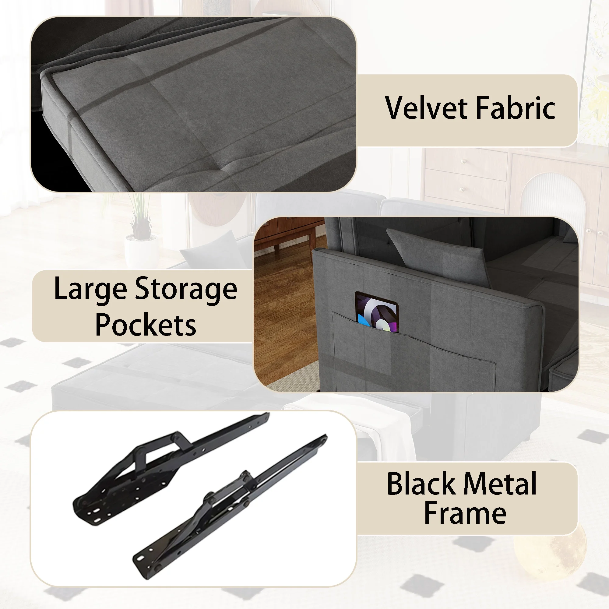 Convertible Sofa Bed,3-in-1 Sleeper Sofa with Pull Out Bed,Sleeper Futon Couch Loveseat with Adjsutable Backrest and Pillows for Living Room,Gray