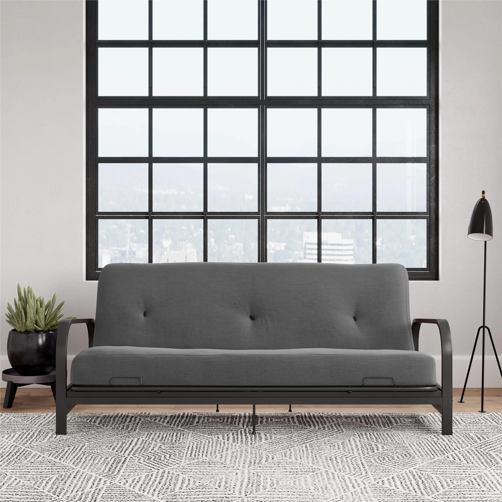 DHP Cleo Black Metal Arm Full Size Futon Frame with 6” Gray Mattress