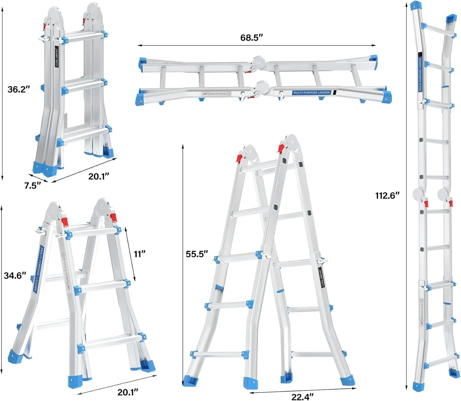 LUISLADDERS Ladder, A Frame 6 Step Ladder Telescoping Ladder, 22 Ft Reach Height Muti Position Folding Ladder Flared Leg & Wheels Design, 330 lbs Capacity Extension Ladder for Household Outdoor Work