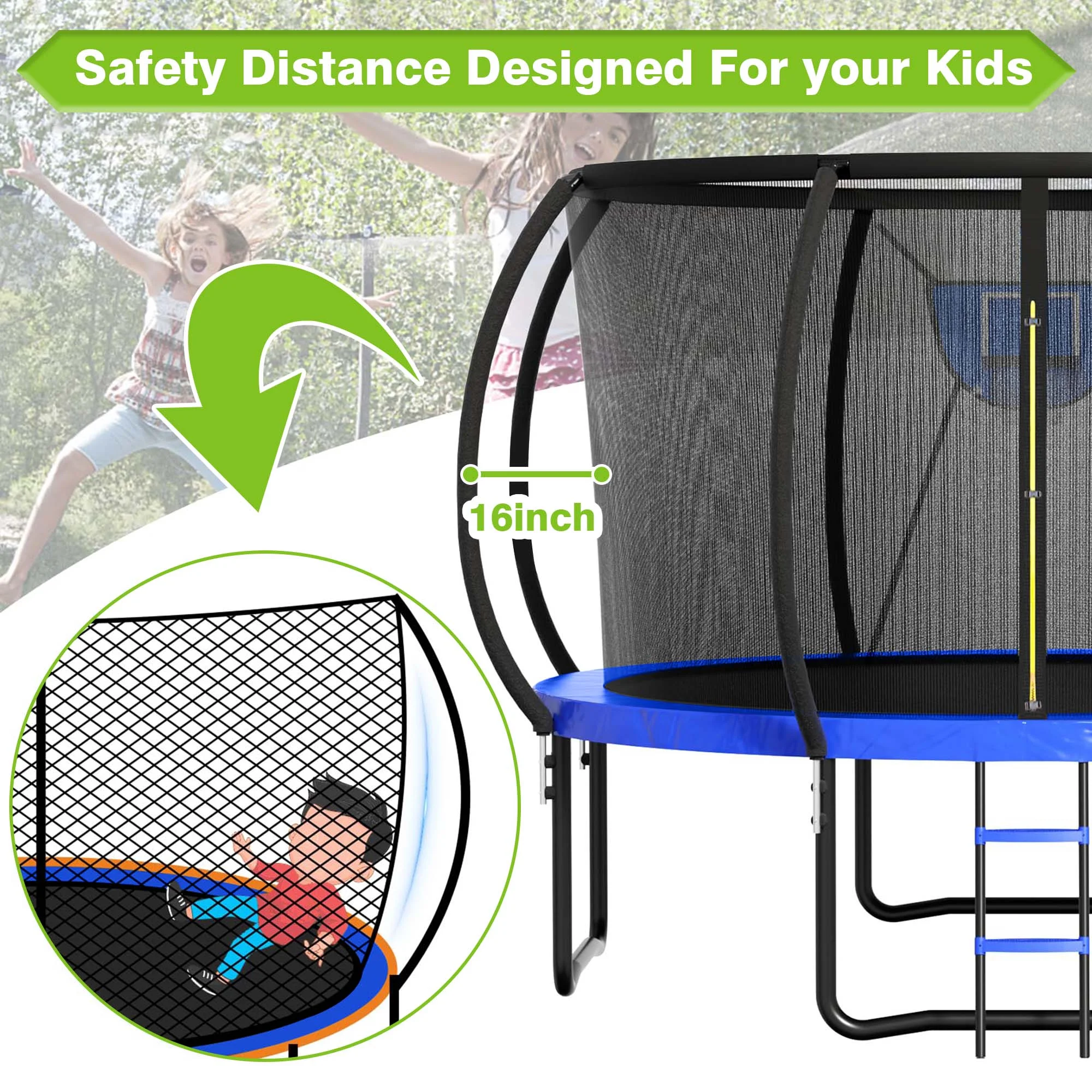 GVDV 16FT Outdoor Trampoline for Kids & Adults, Recreational Trampoline w/Ladder & Safety Net