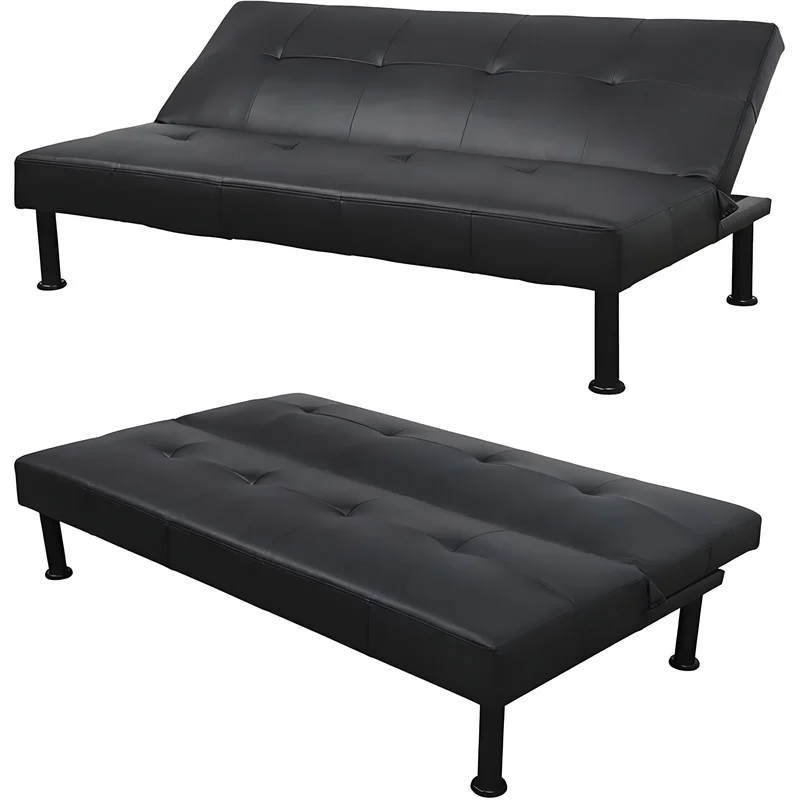 Couches for Living Room Upholstered Convertible Folding Futon Sofa Bed Modern Small Faux Leather Sleeper Sofa Love Seat for Bedroom, Apartment, Black