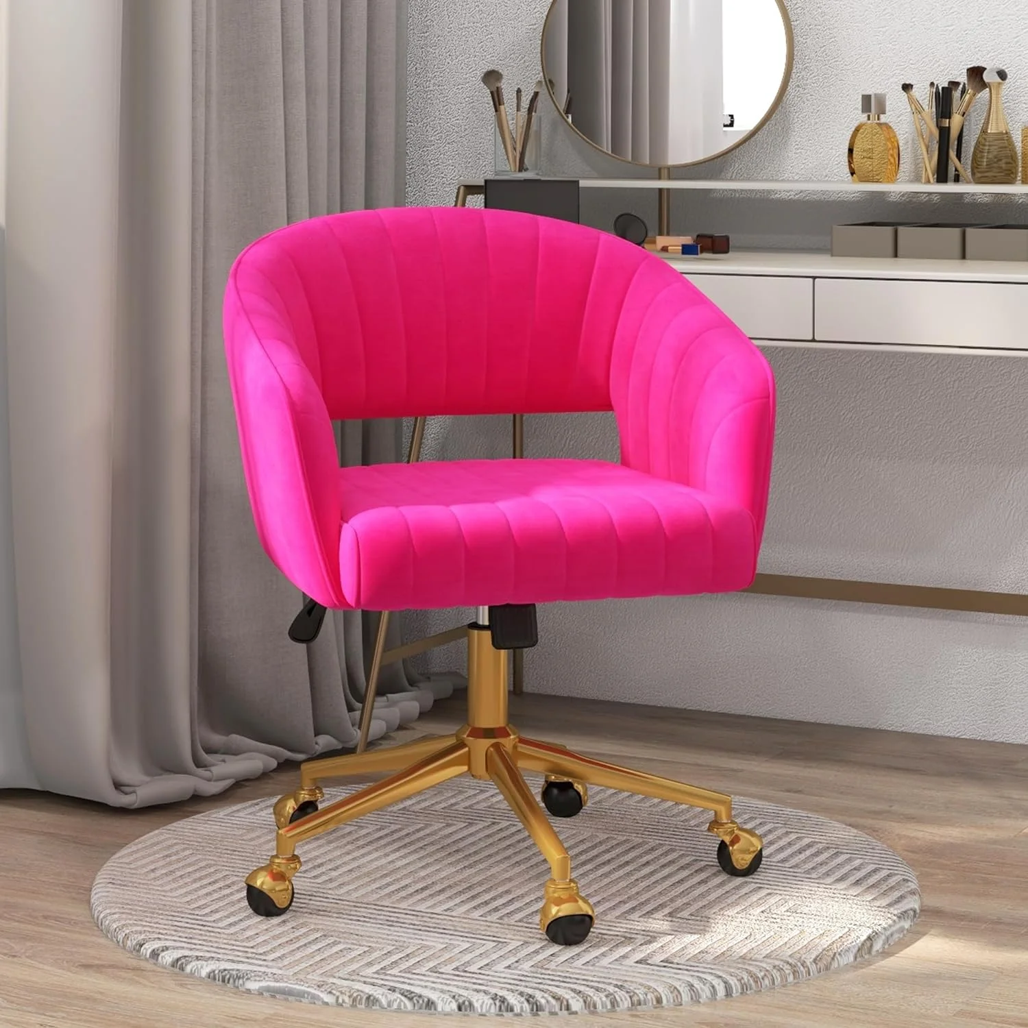 Home Office Swivel Desk Chair, Modern Velvet Vanity Chair, Height Adjustable Armchair with Gold Base, Ergonomic Office Chair for Task Study Computer Room, Beige