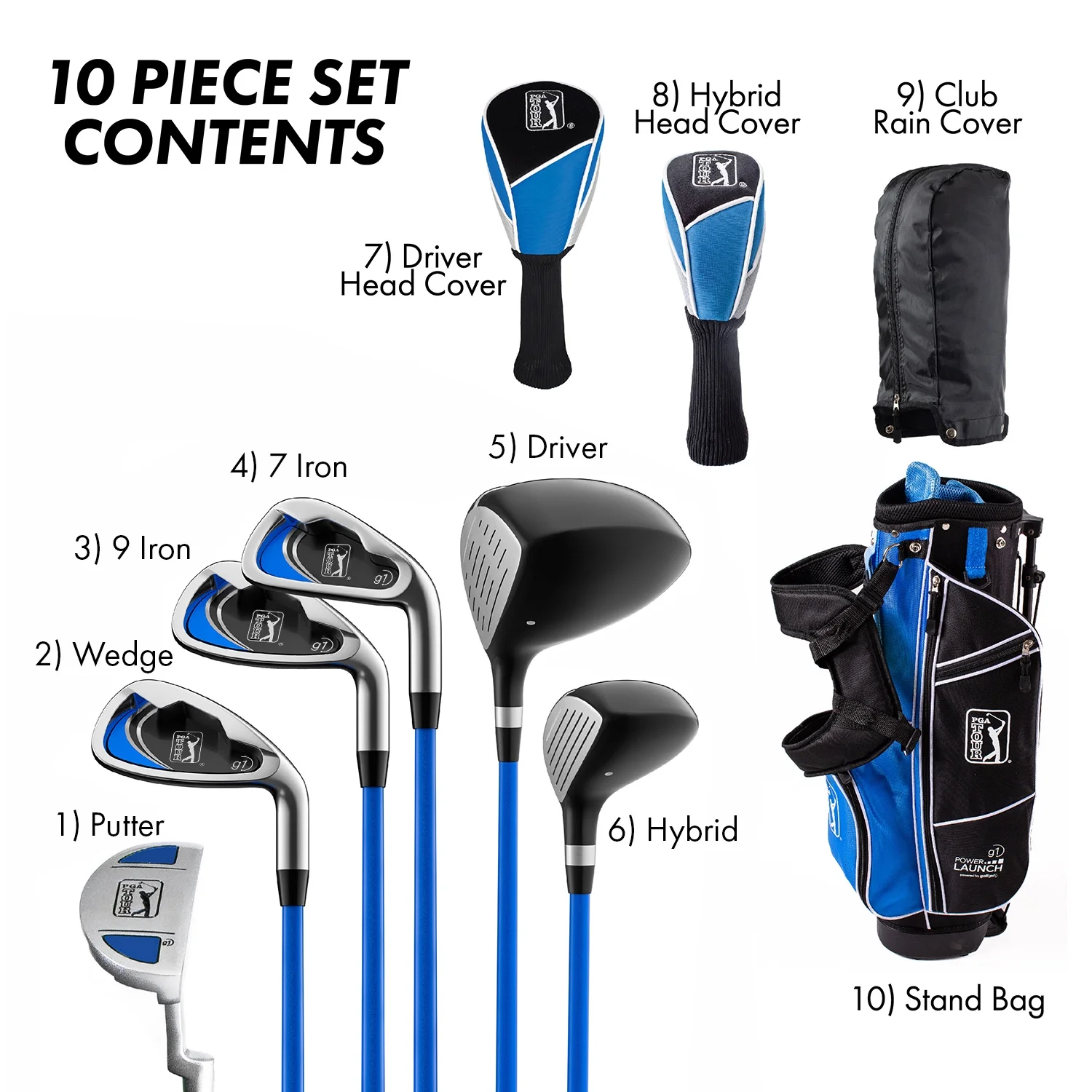 PGA Tour Right-Handed 10 Piece Kids Golf Club Stand Bag Set; Player Height 4'8 - 5'2