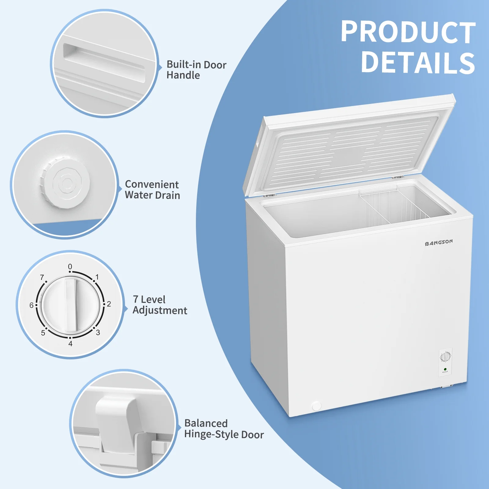 BANGSON 7.0 Cu.Ft Chest Freezer, Deep Freezer with Adjustable Thermostat, Top Open Door Freezer with Removable Basket, Quiet Operation, Ideal for Kitchen/Apartment/Office