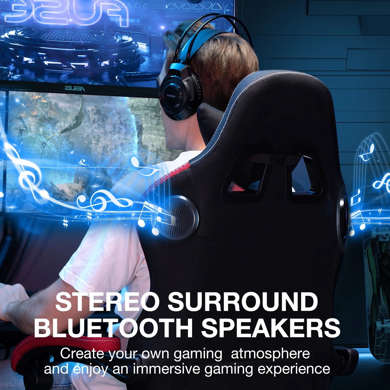 Hoffree Gaming Chair with Speakers Fabric Gamer Chair with footrest and massage Big and Tall Video Game Chair with Headrest and Lumbar Support for Adults