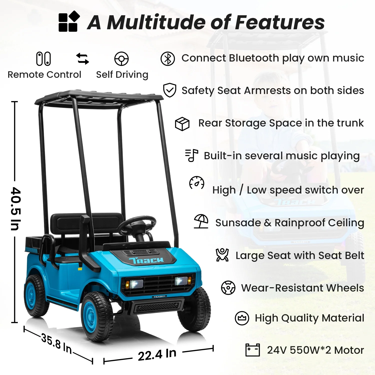 Track Seven 24V Ride on Car, Electric Golf Cart with Ceiling, Ride on Truck with Remote Control, Music, Rear Storage Box, Electric Car for Boys Girls Age 3+, 18.5