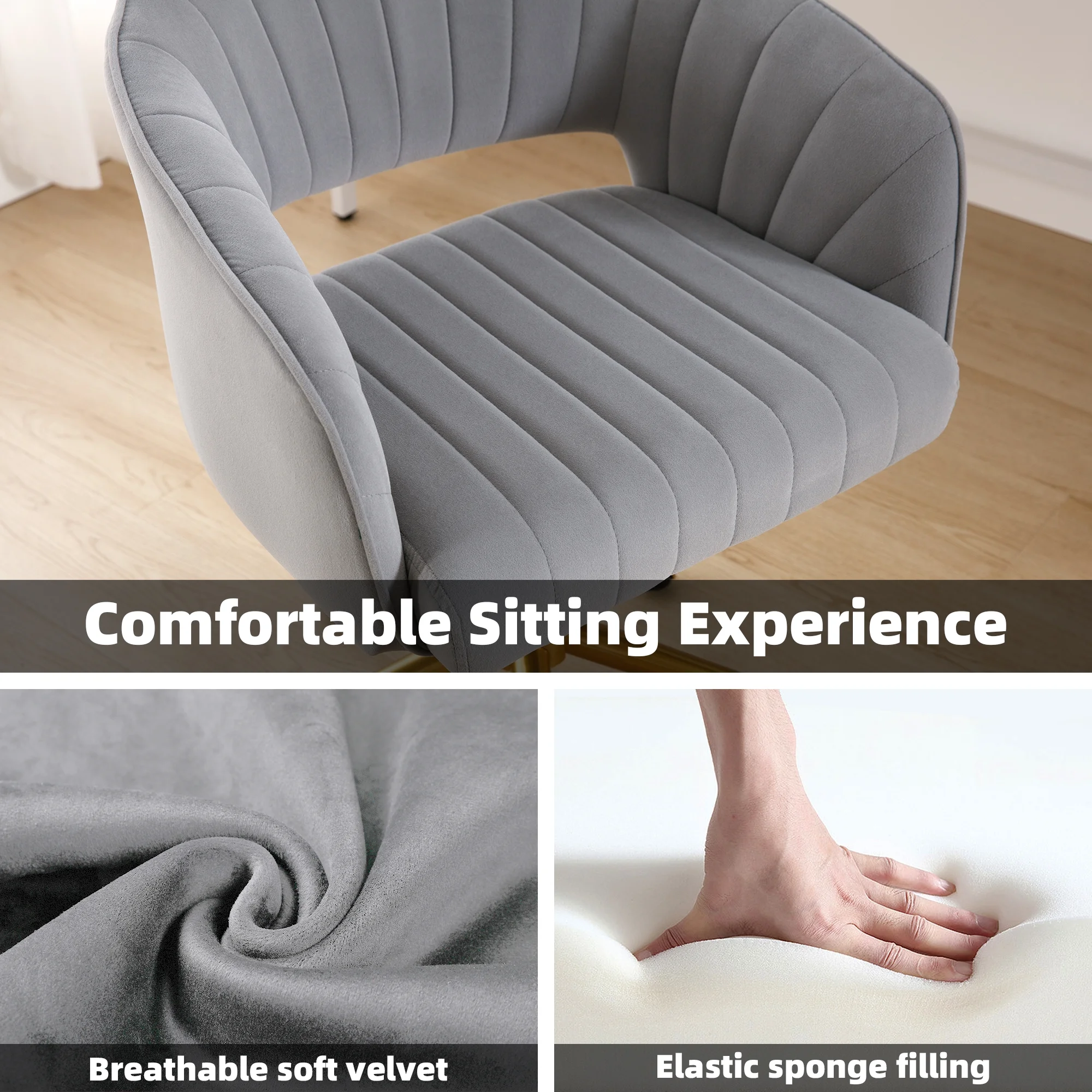 Westice Home Office Desk Chairs, Velvet Task Chair, Height Adjustable Swivel Vanity Chair with Golden Base for Vanity Study, Living Room Computer Room, Beige