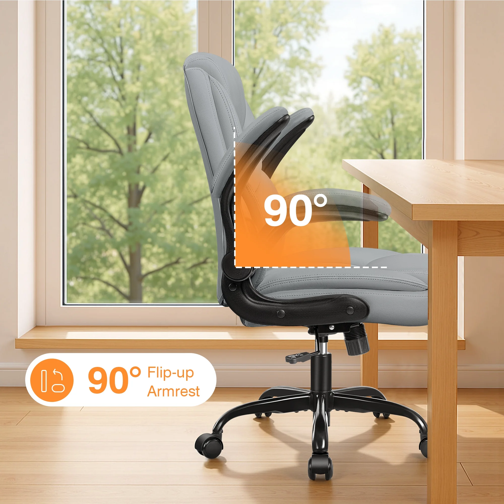 Primy Compact PU Leather Office Chair - Ergonomic Adjustable Height Computer Desk Chair with Flip-Up Armrests, Mid-Back Executive Swivel Chair on Wheels for Small Spaces & Petite Users, Black