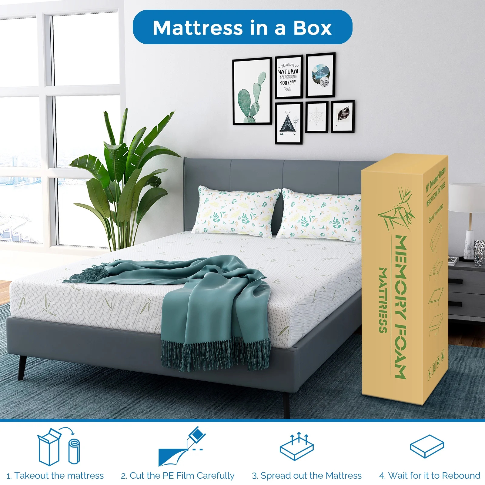 Full Mattress, 8 inch Memory Foam Mattress Bed in a box, with Green Tea Cool, Medium, Made in USA