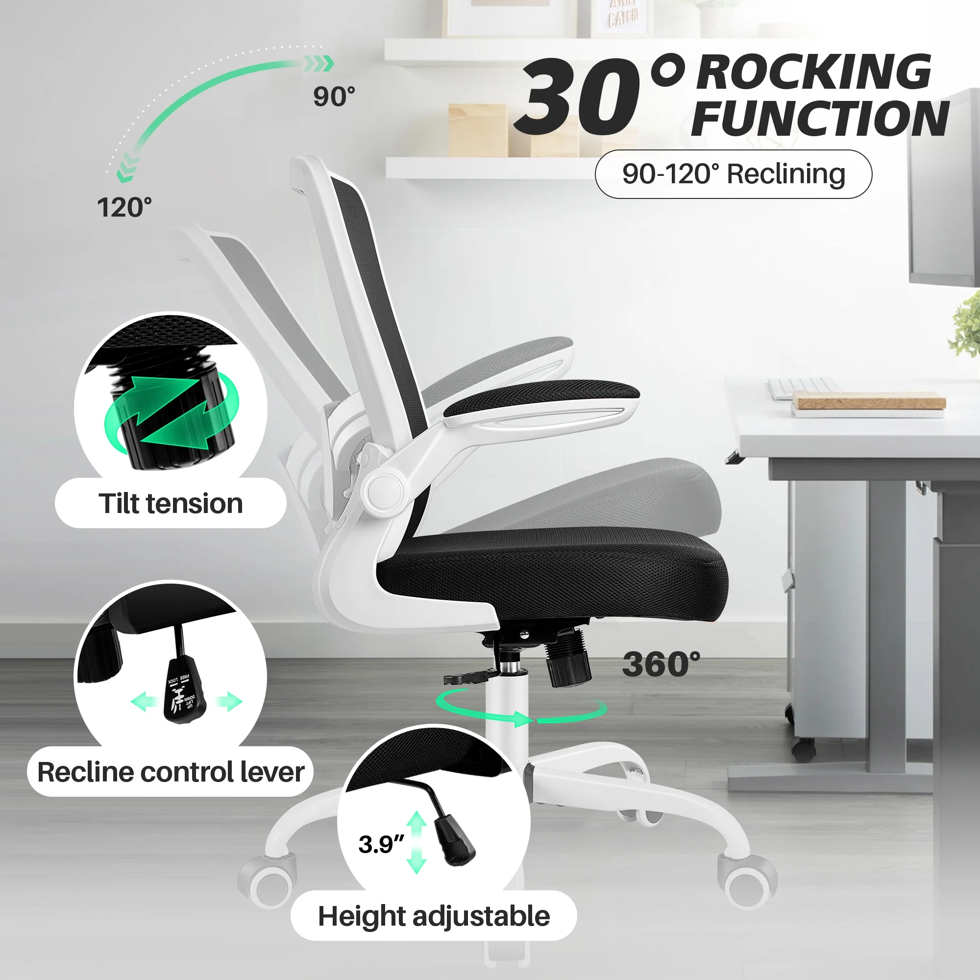 COOLHUT Ergonomic Office Chair, 400LBS Task Chair, Comfort Desk Chair with Adjustable Lumbar Support and Flip up Arms, Black