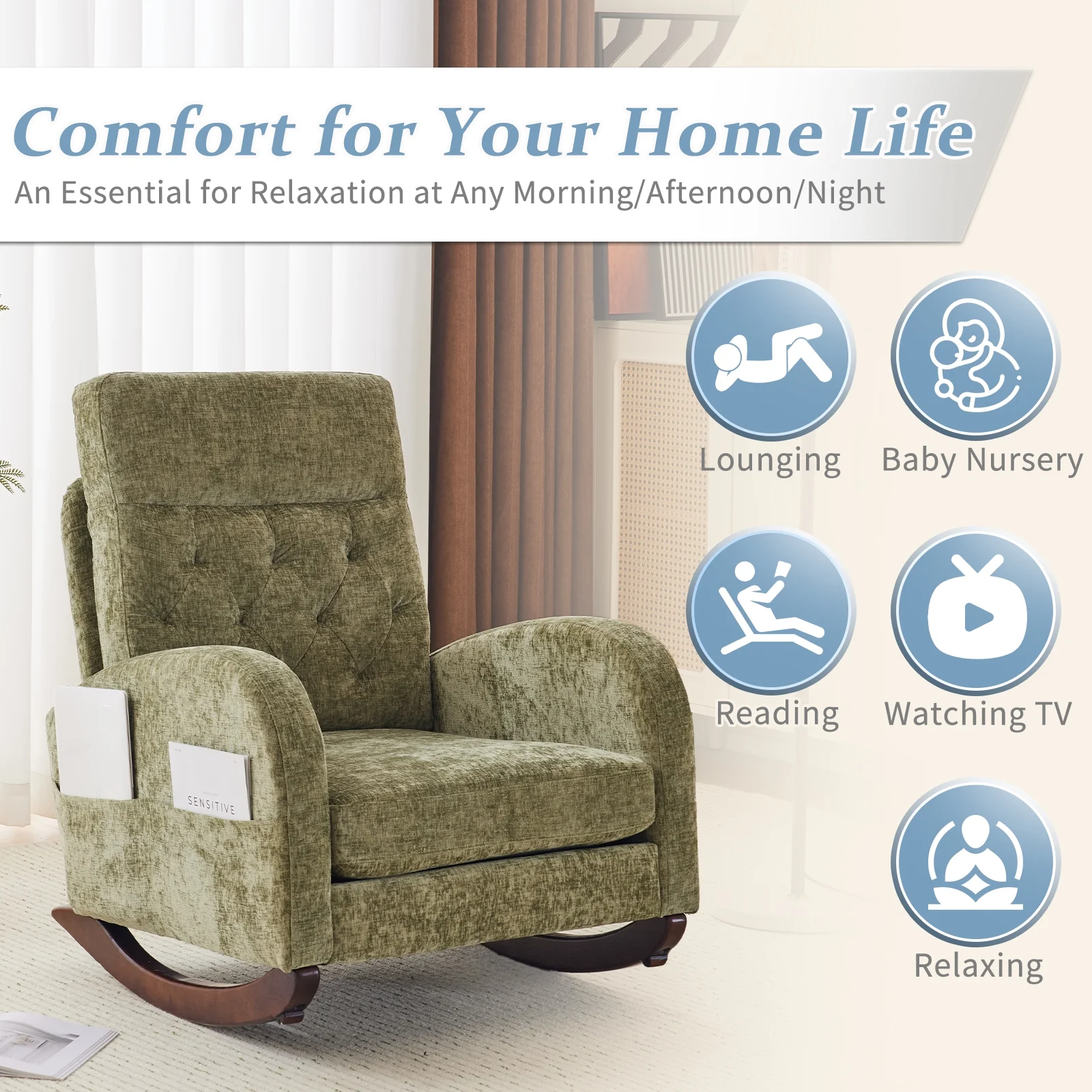 Ktaxon Rocking Accent Chair Glider Reading Chair Comfy Teddy Velvet Upholstered Single Sofa Rocker for Living Room, Nursery, Bedroom Beige