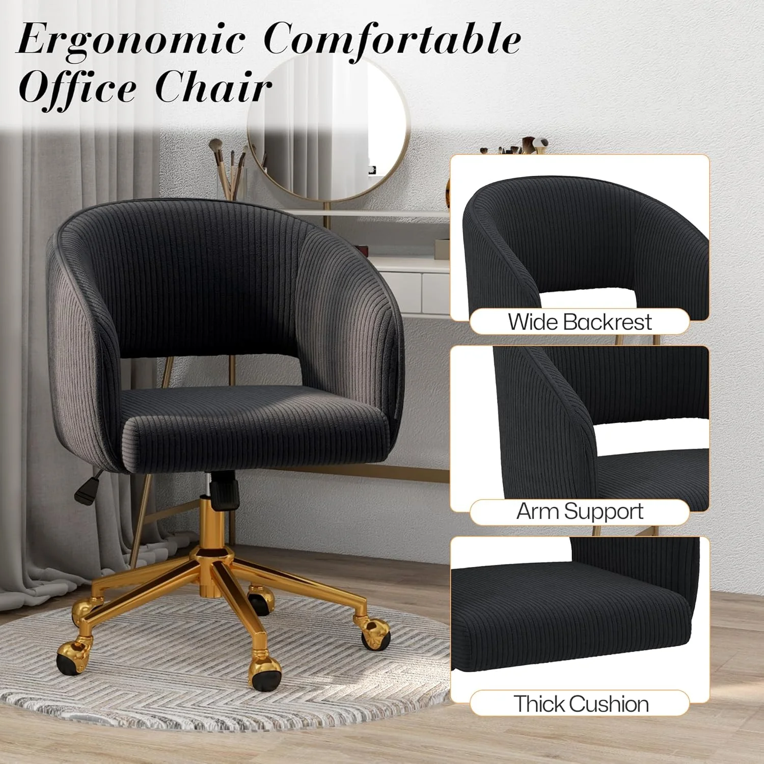 Home Office Swivel Desk Chair, Modern Velvet Vanity Chair, Height Adjustable Armchair with Gold Base, Ergonomic Office Chair for Task Study Computer Room, Beige