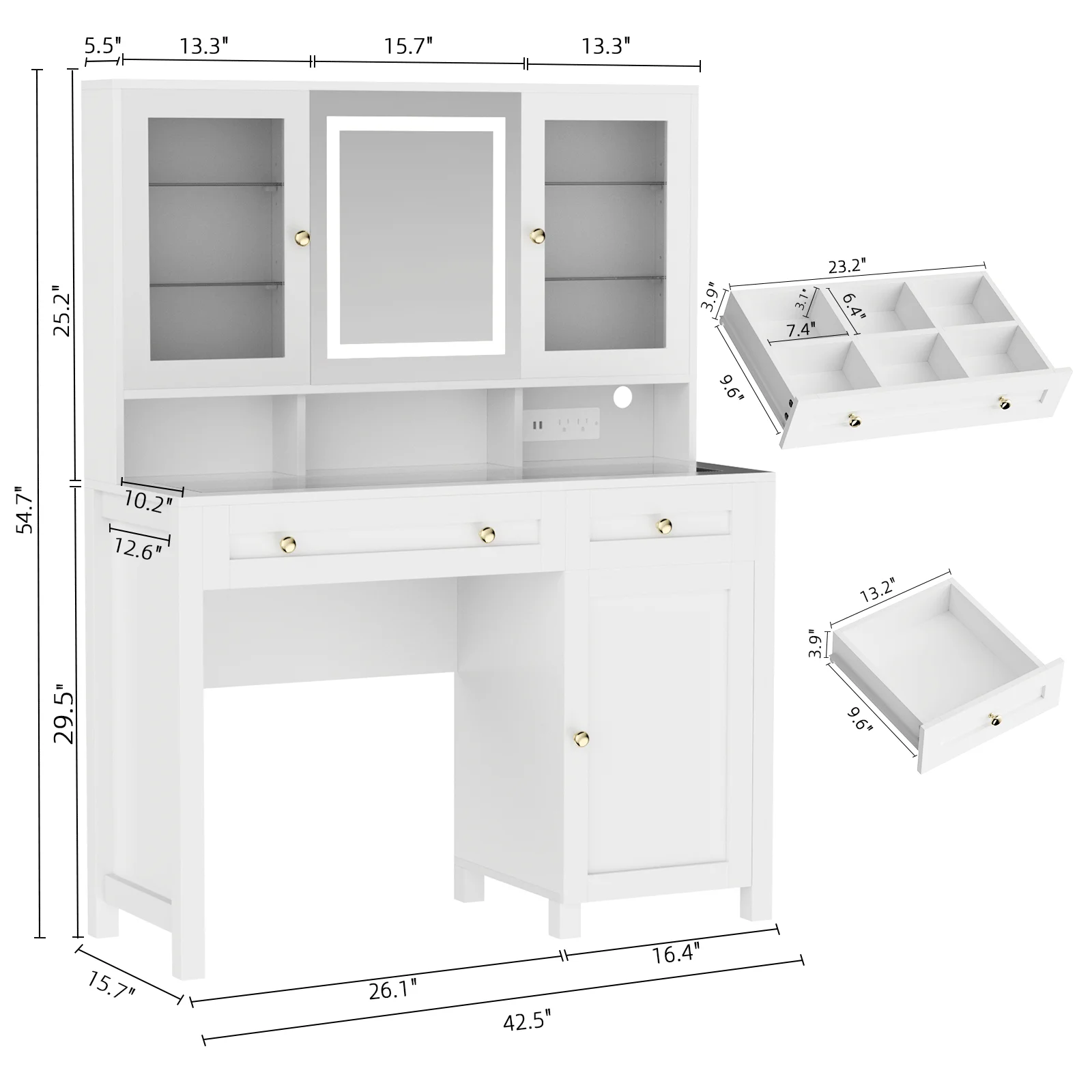 Semoic White Makeup Vanity Desk with LED Mirror and RGB Lights and Power Outlet, Morden Glass Top Vanity Table with Drawer & Storage Cabinet & Adjustable Shelves, Large Dressing Table for Bedroom