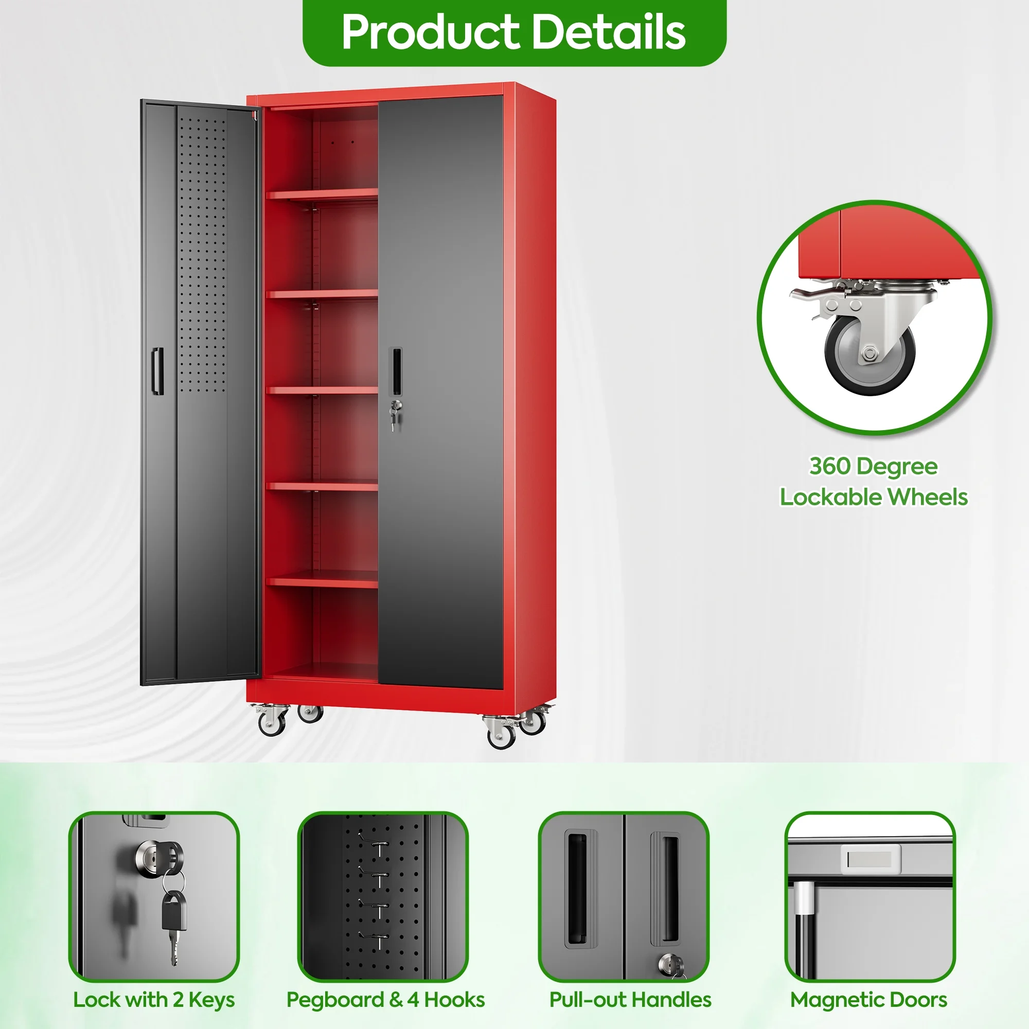 SUPEER Metal Rolling Storage Cabinets with Locking Doors and 5 Adjustable Shelves, Steel Garage Storage Cabinet for Garage, Office, Classroom, Assemble Required(Black)