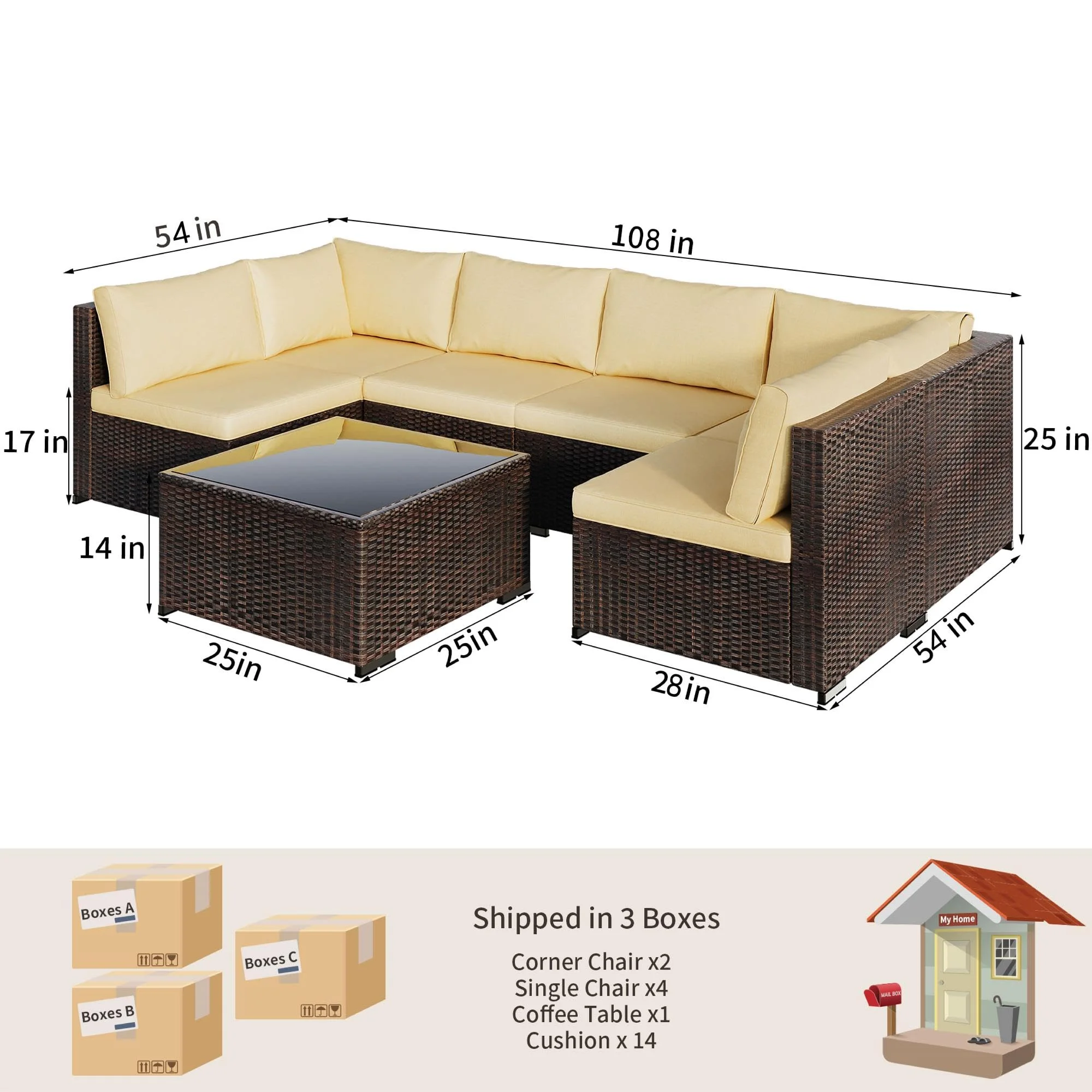 Patio Furniture Set, Lofka 7 Piece Outdoor Sectional Furniture Chair Set with Cushions and Coffee Table, Gray