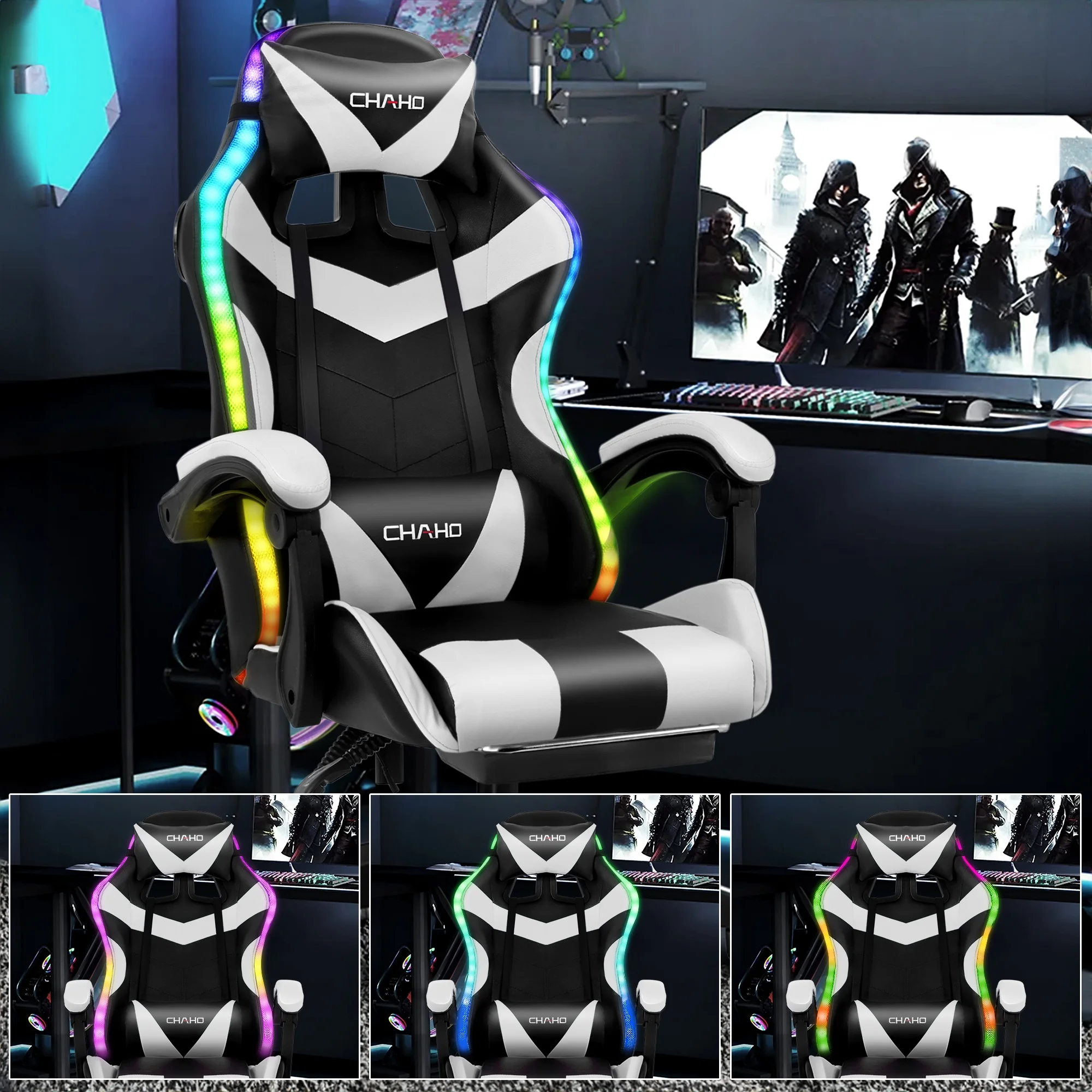 Ergonomic Gaming Chair, CHAHO Gaming Chair with Speaker & LED Lights, Computer Racing Chair for Adults, PU Leather Office Chair with Footrest Lumbar Support Headrest, Red