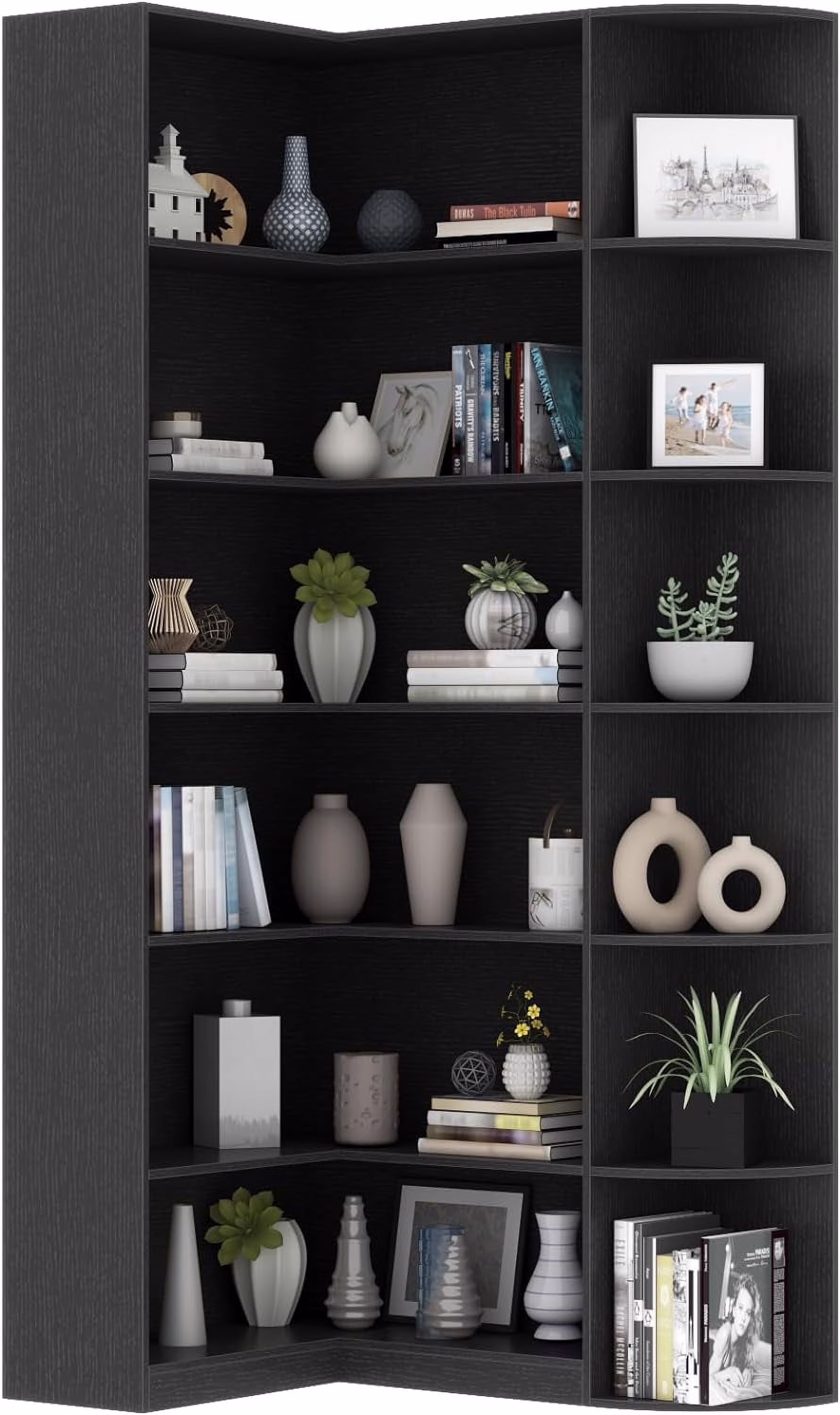 Loomie Bookshelves, 6 Tiers Shelf Large Tall Corner Etagere Bookcase with Full Baffle, L-Shaped Modern Storage Display Industrial Book Shelf for Bedroom, Home Office, Living Room & Kitchen