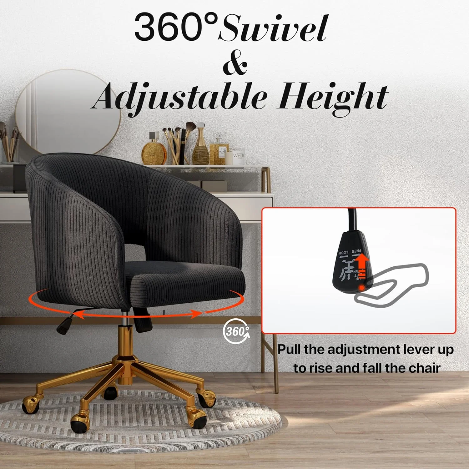 Home Office Swivel Desk Chair, Modern Velvet Vanity Chair, Height Adjustable Armchair with Gold Base, Ergonomic Office Chair for Task Study Computer Room, Beige