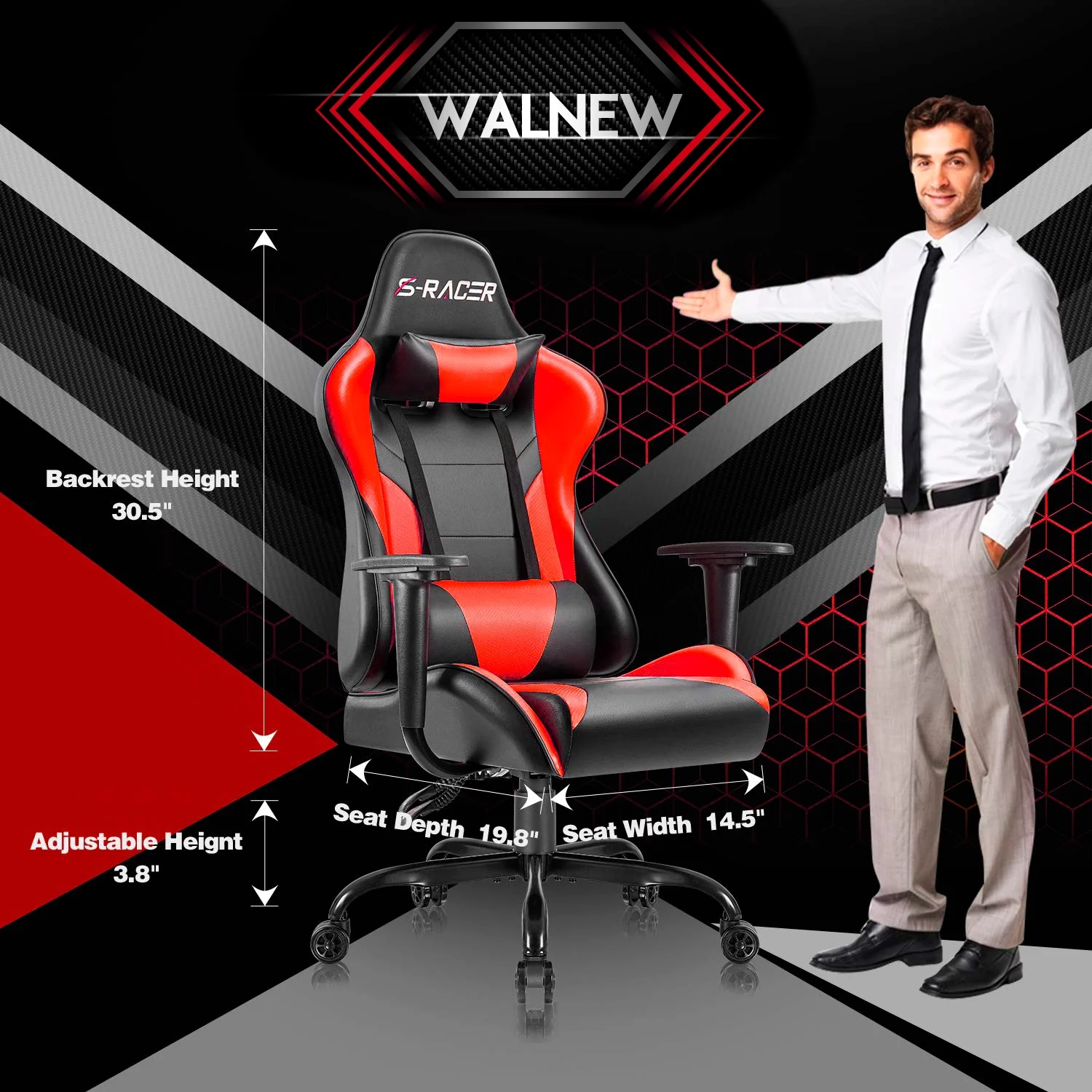 Lacoo Gaming Chair in Home Office PU Leather Reclining Gaming Chair Adjustable Adjustable Headrest and Lumbar Pillow, Red