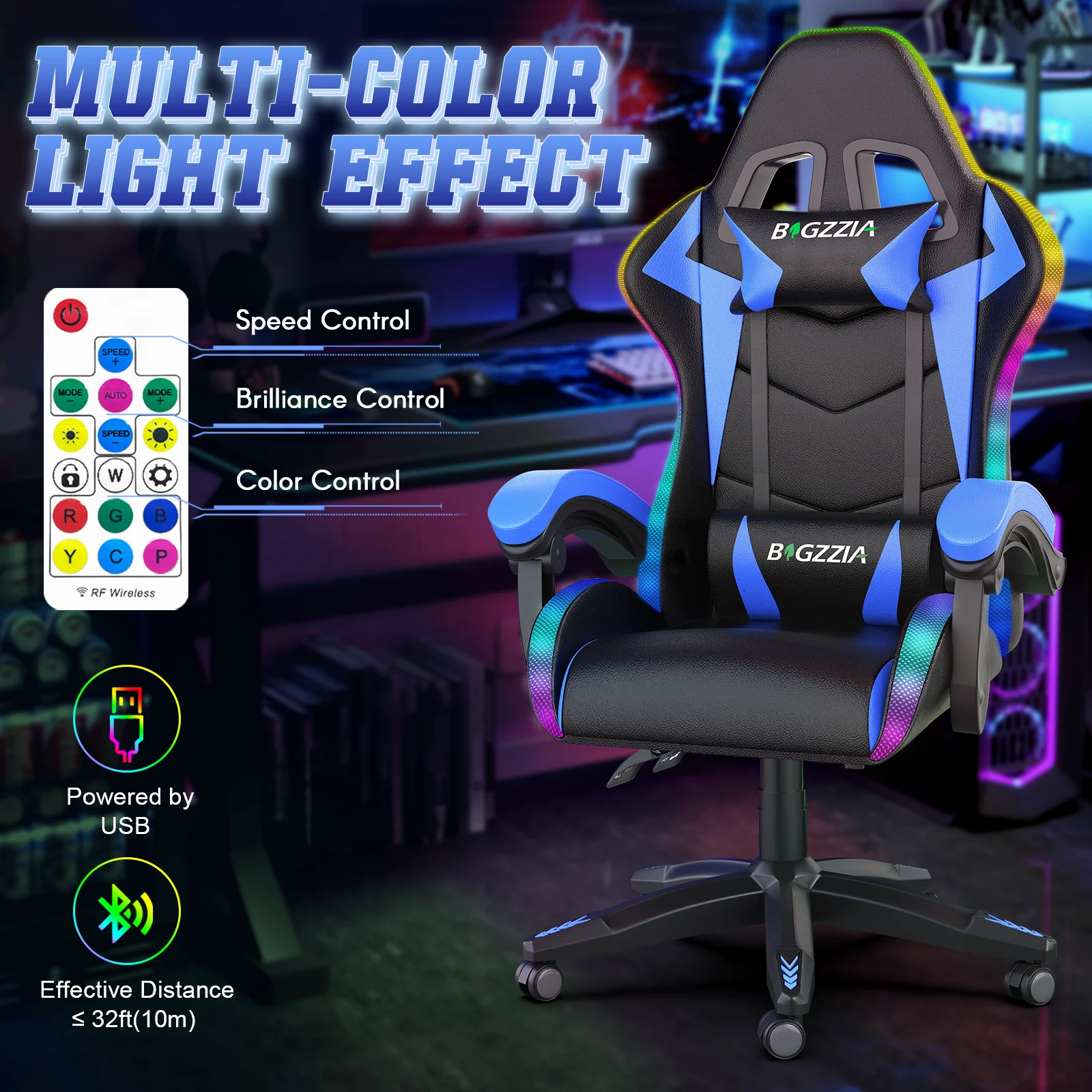 Bigzzia Gaming Chair with LED Lights Ergonomic Office Chair for Adults and Kids - Adjustable Height, 360�� Swivel, Headrest Support, Mesh PU Leather, Black & Green