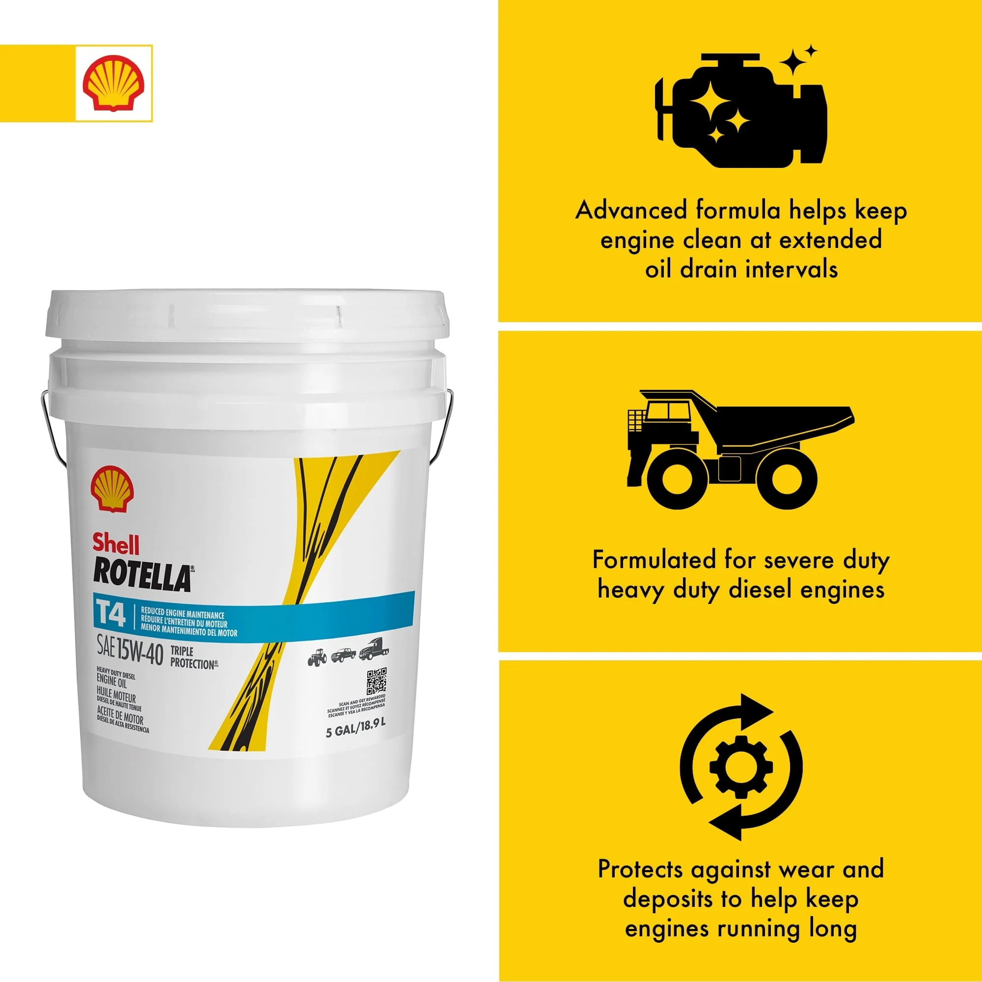 Shell Rotella T4 Triple Protection 15W-40 Diesel Motor Oil, 5 Gallon Pail