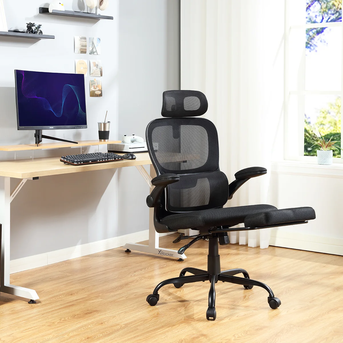 Mainstays Ergonomic Height Adjustable Mesh Office Chair for Teens and Adults with Lumbar Support and Tilt Function, with Leg Rest, Black