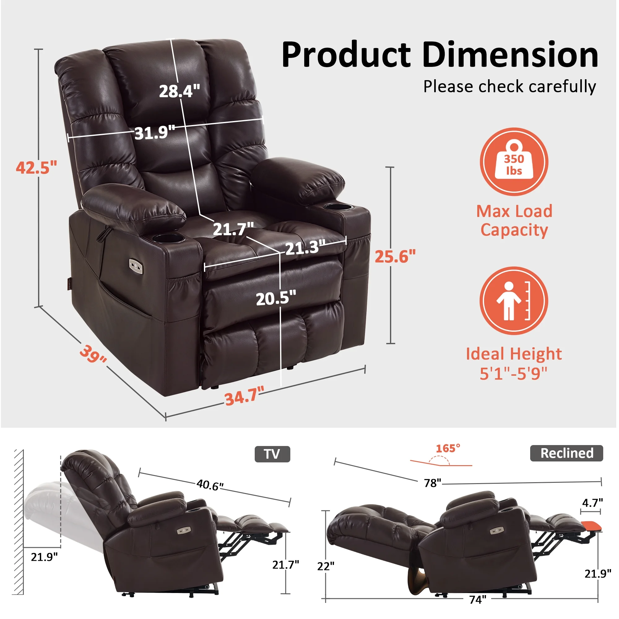 MCombo Triple Motor Power Lift Recliner for Elderly, Sleep Recliner Sofa with Adjustable Headrest, Faux Leather, Dark Brown