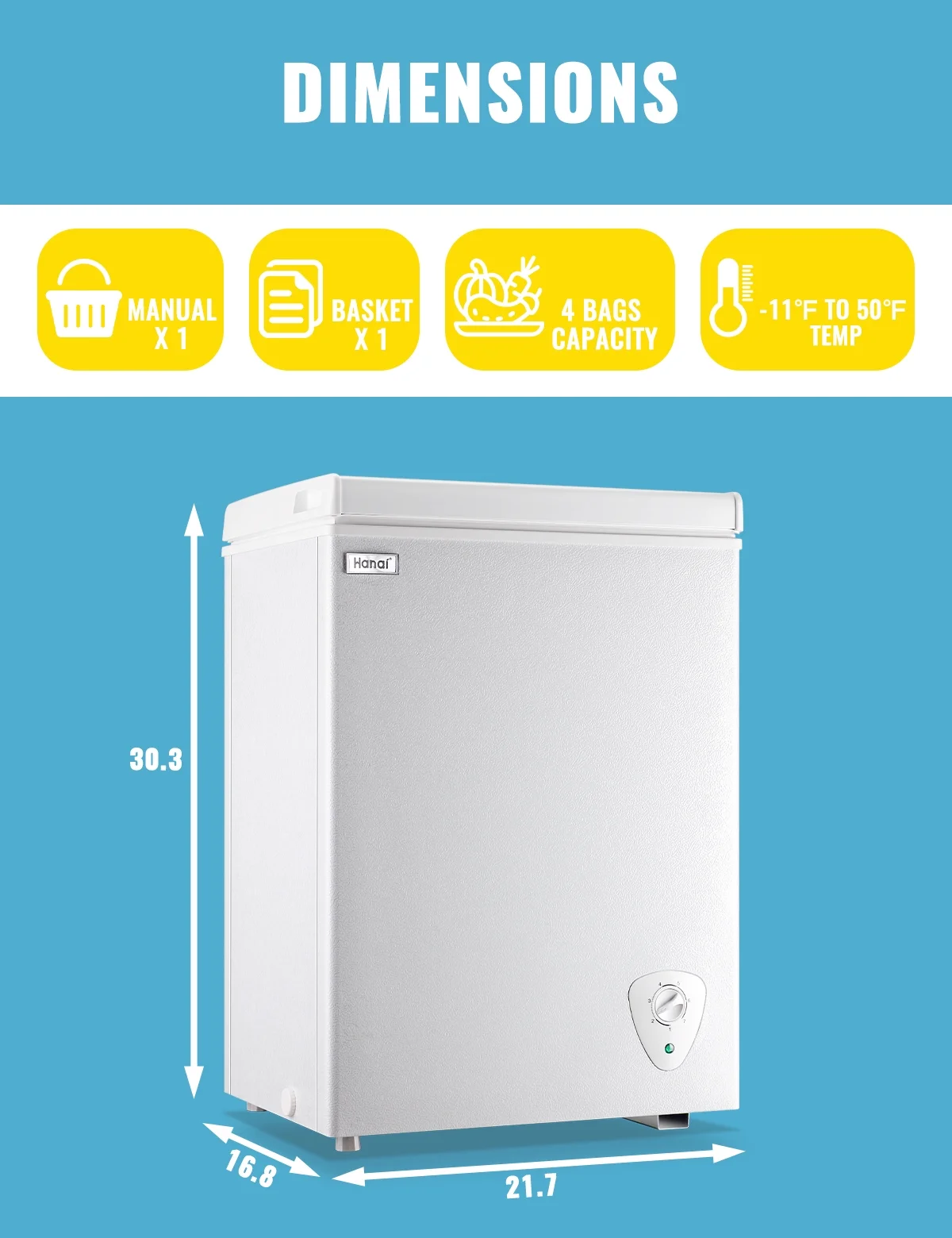 WANAI 3.5 Cu.ft Chest Freezer Small Deep Freeze with 7 Gears Temp Control Office Dorm Kitchen White